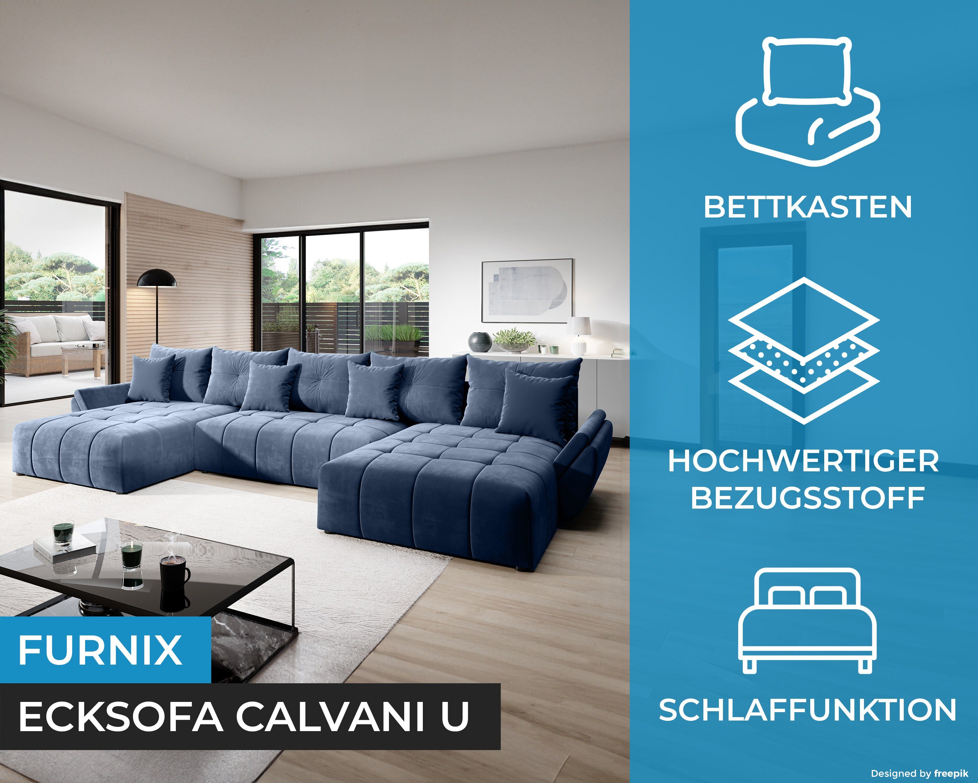 x CALVANI hochwertig, Europe in Blau 71/91 Polstercouch Bettkasten x U-Form 190 Kissen, MH72 Schlafsofa Furnix in 385 cm, mit U made