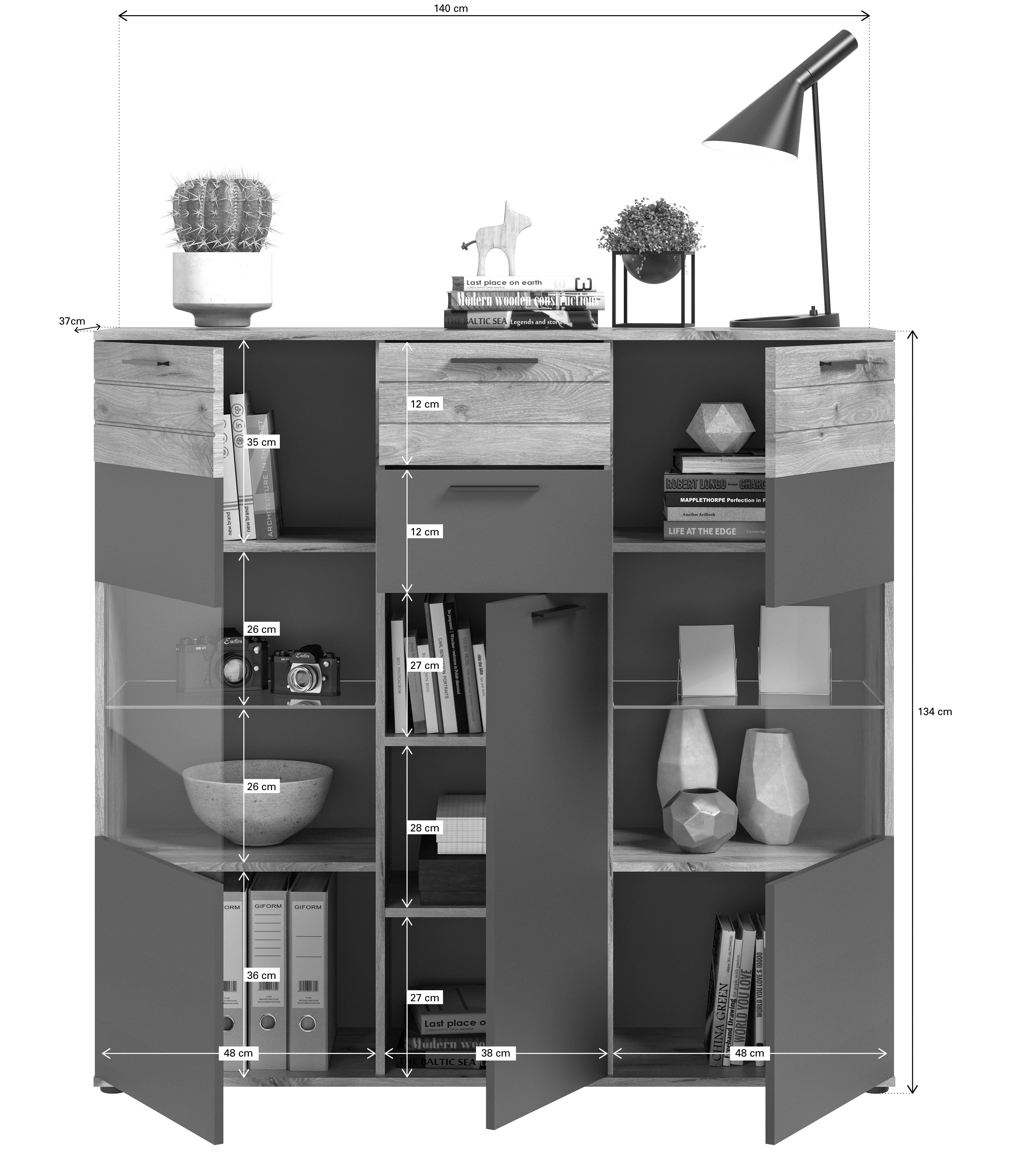 Soft-Close furnling Höhe Breite cm, 140 Eiche, 134 Highboard Tiefe 37 Moskau, Grau, cm, cm,