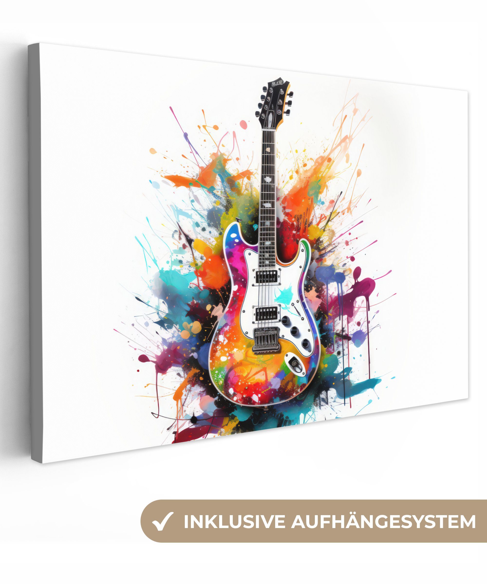 OneMillionCanvasses® Leinwandbild Gitarre - Graffiti - Musik - Weiß, (1 St), Wandbild für alle Wohnbereiche, Gemälde, XXL, großes, 120x80 cm