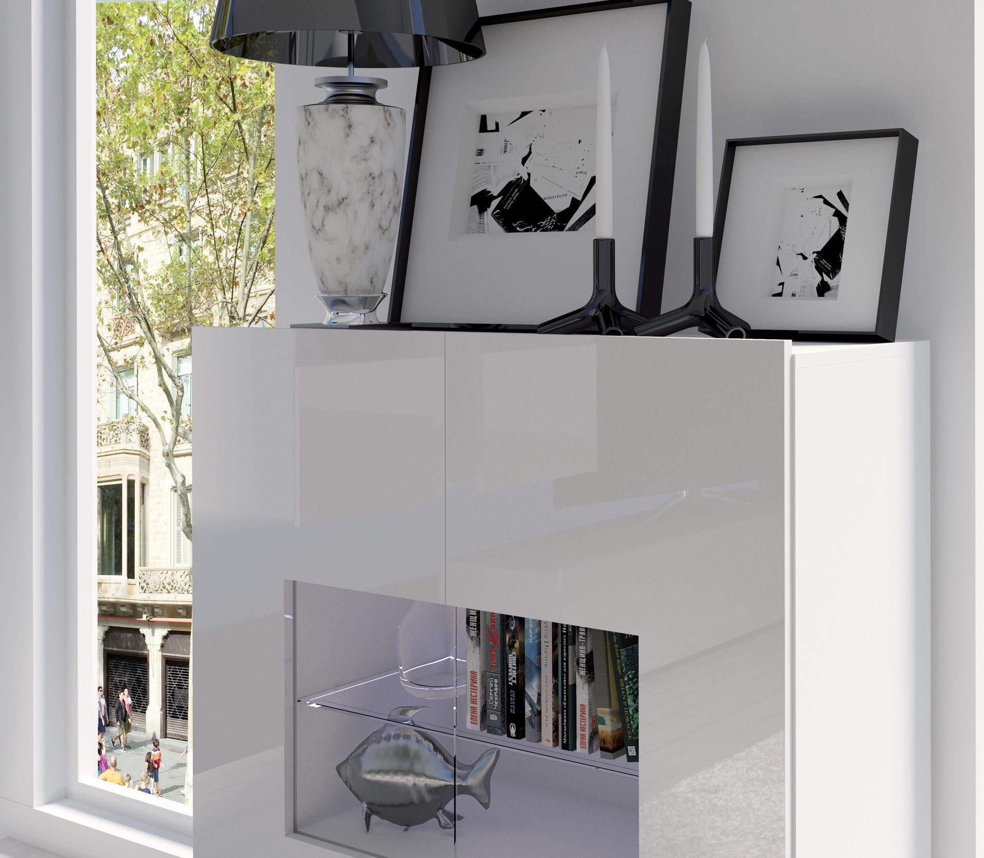 Weiß CAL Kommode, Unique 03 mit Beleuchtung wählbar, Home mit LED Wohnwand Farbe Wohnwand