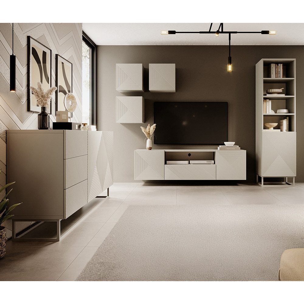 Lomadox Wohnzimmer-Set ADARE-141, (Mega-Spar-Set, 6-St., Hängeschränke Lowboard Regal Sideboard), in kaschmir mit gerillter Front und Metallgestell, Push-to-Open