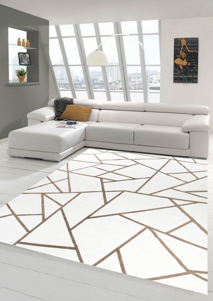 Teppich Orientteppich Wohnzimmer Teppich Geometrisches Muster in Creme  Gold, Teppich-Traum, rechteckig, Höhe: 9 mm