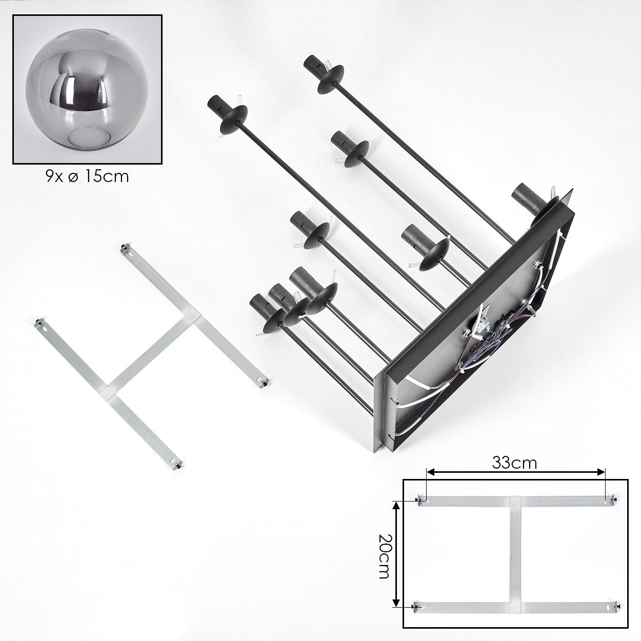 hofstein Deckenleuchte Deckenlampe aus Metall/Glas in Schwarz, ohne Leuchtmittel, Glasschirme (15 cm), 9 x E14, ohne Leuchtmittel – Bild 5 von 5