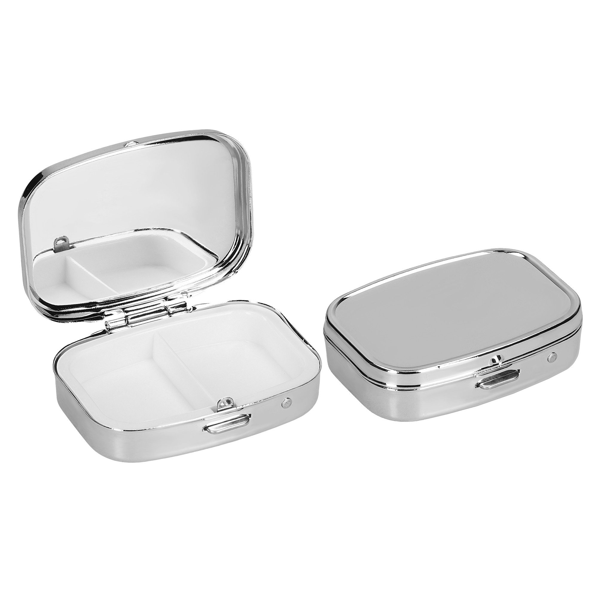 kwmobile Pillendose 2x Edelstahl Tablettenbox mit 2 Fächern - 5,5 x 4 x 1,5cm (2 St), Pillendose klein Tablettendose Tragbare Pillenbox Medikamentenbox Dose