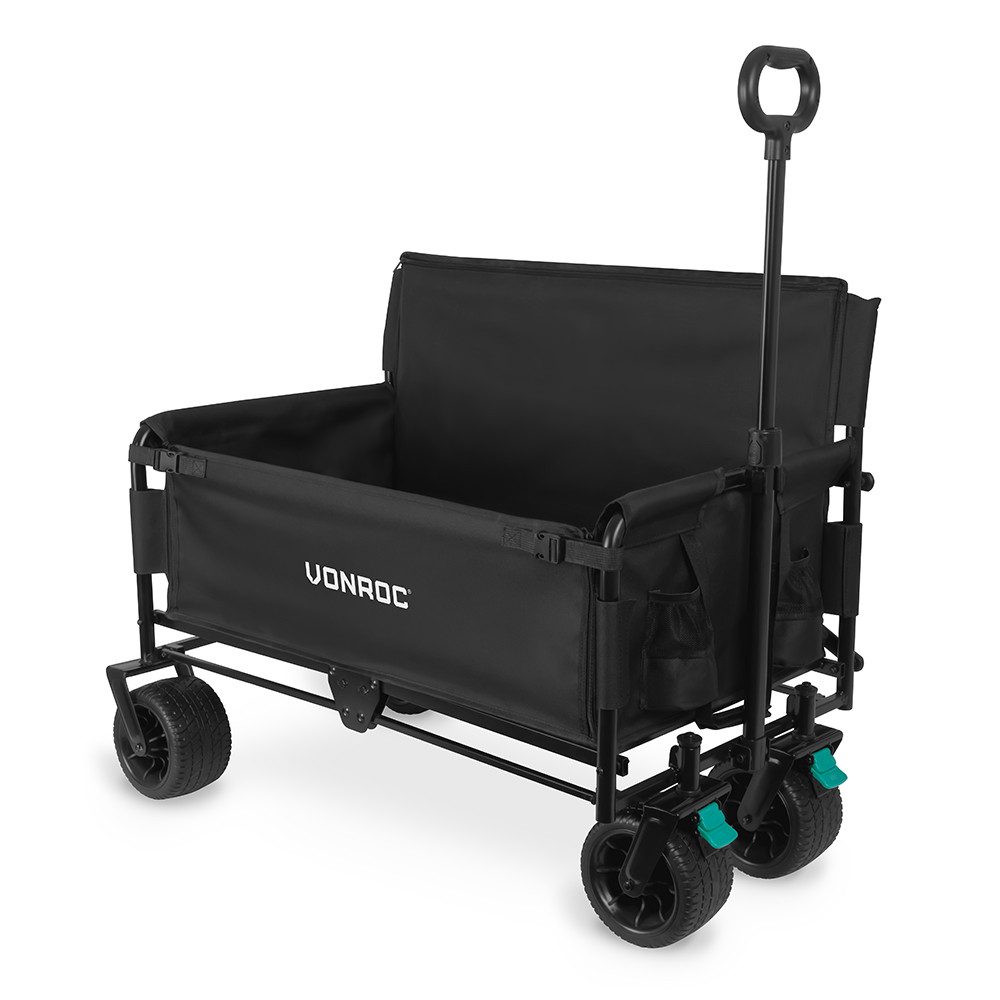 VONROC Bollerwagen,Klappbarer Handwagen (mit Sitz 2 in 1 - Garten- und Strandwagen -, 120 kg Kapazität - 115 L - Anti-Bohr-Räder), Stahlrahmen - klappbar mit Aufbewahrungstasche - Schwarz