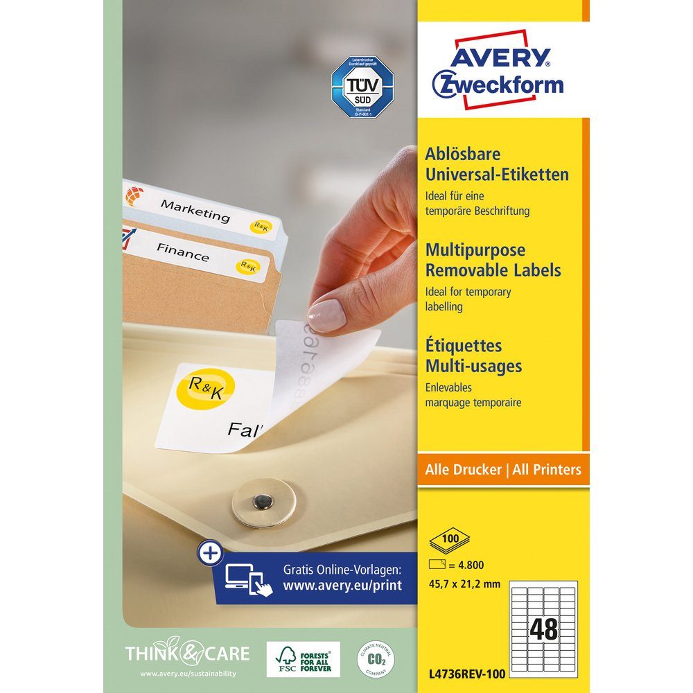 Papier Avery Etikett Etiketten 4800 Avery-Zweckform x L4736REV-100 45.7 Weiß Zweckform 21.2 mm