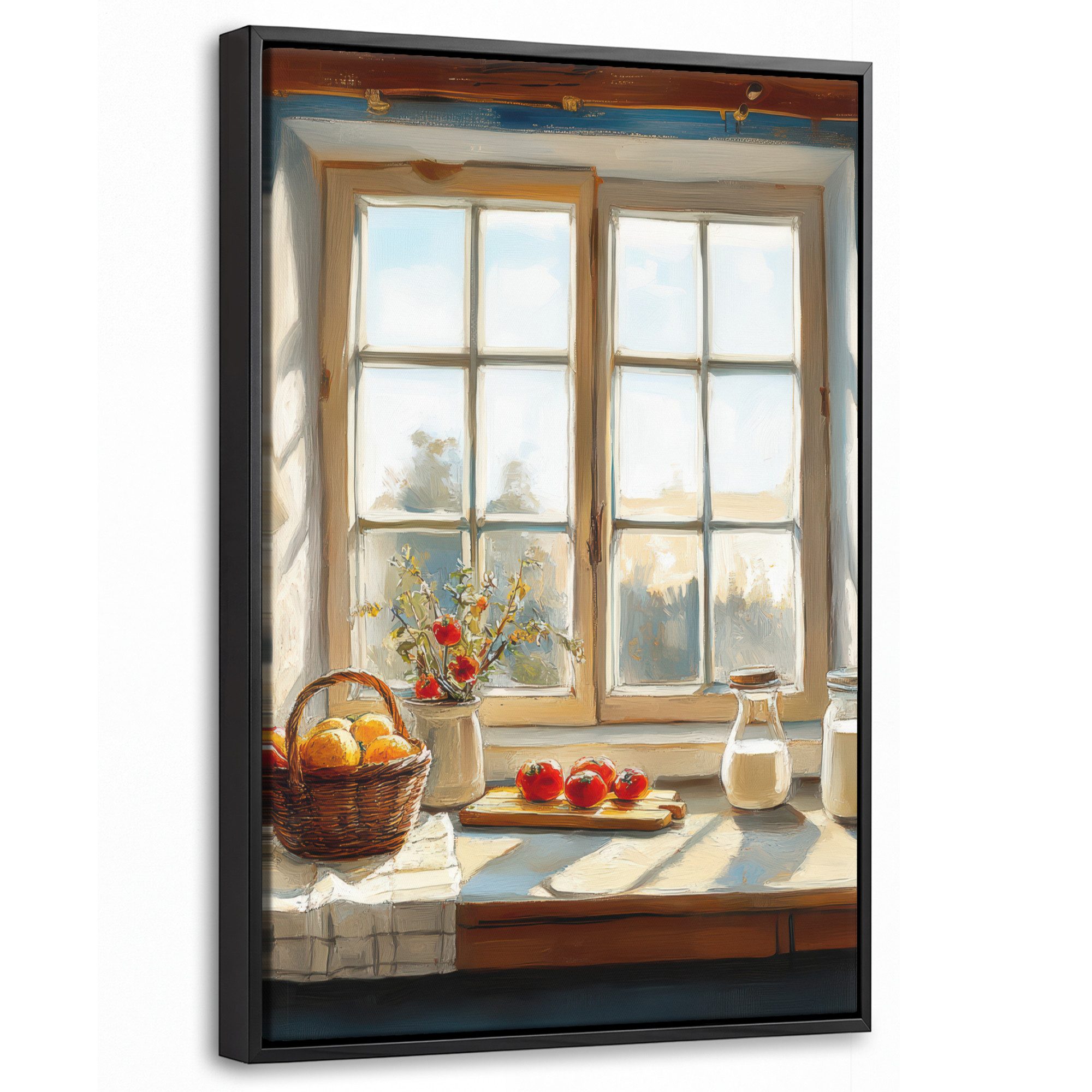 OneMillionCanvasses® Leinwandbild mit Rahmen - Stillleben - Küche - Fensterblick - Fenster - Vintage, Fotodruck (1 St), Deko für Wohnzimmer Schlafzimmer Küche 20x30cm