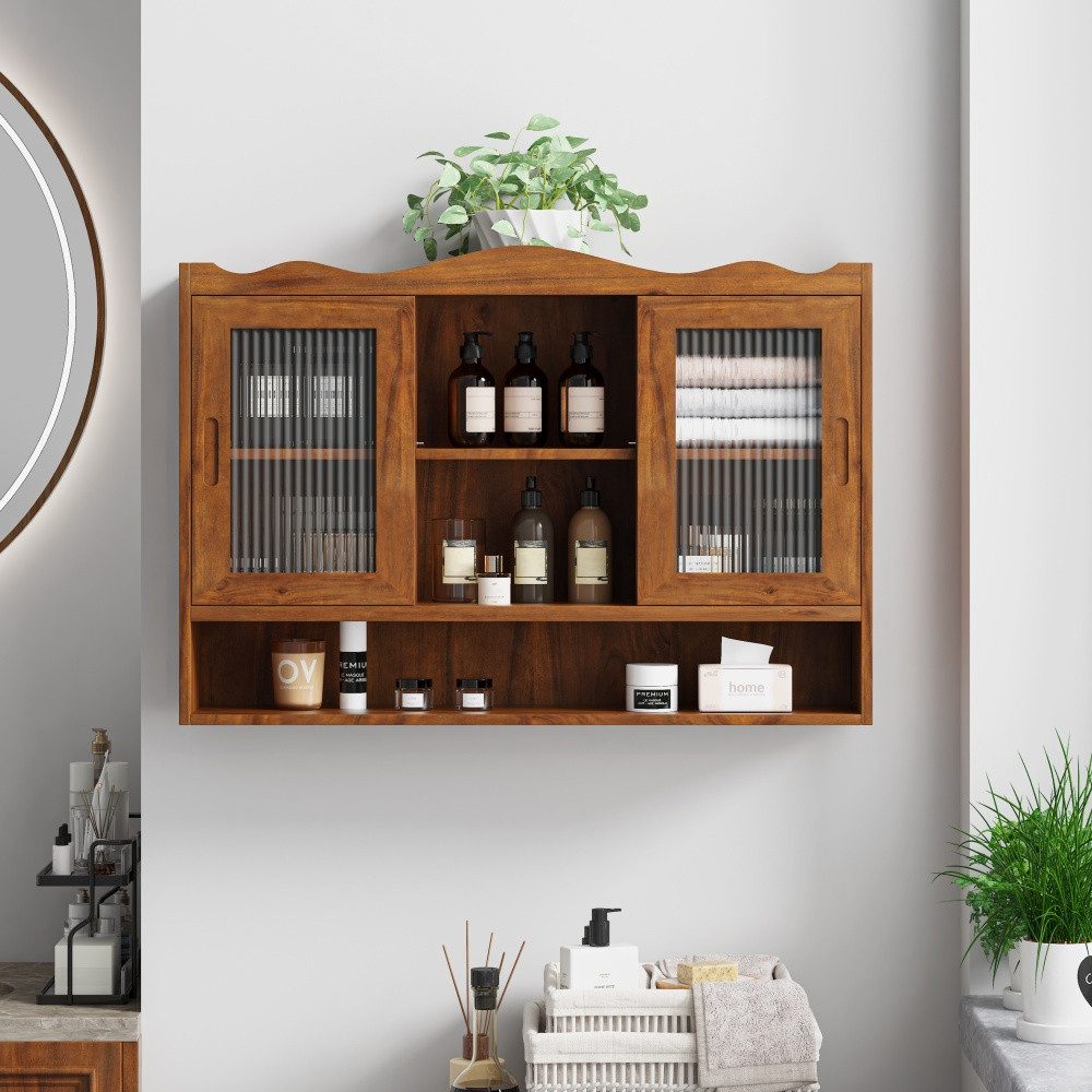 BBWL Schiebetürenschrank aus Massivholz mit 2 Schiebetüren, 3 Ablagen, platzsparender Retro Wandschrank 90cm aus Hängeschrank für Bad Küche