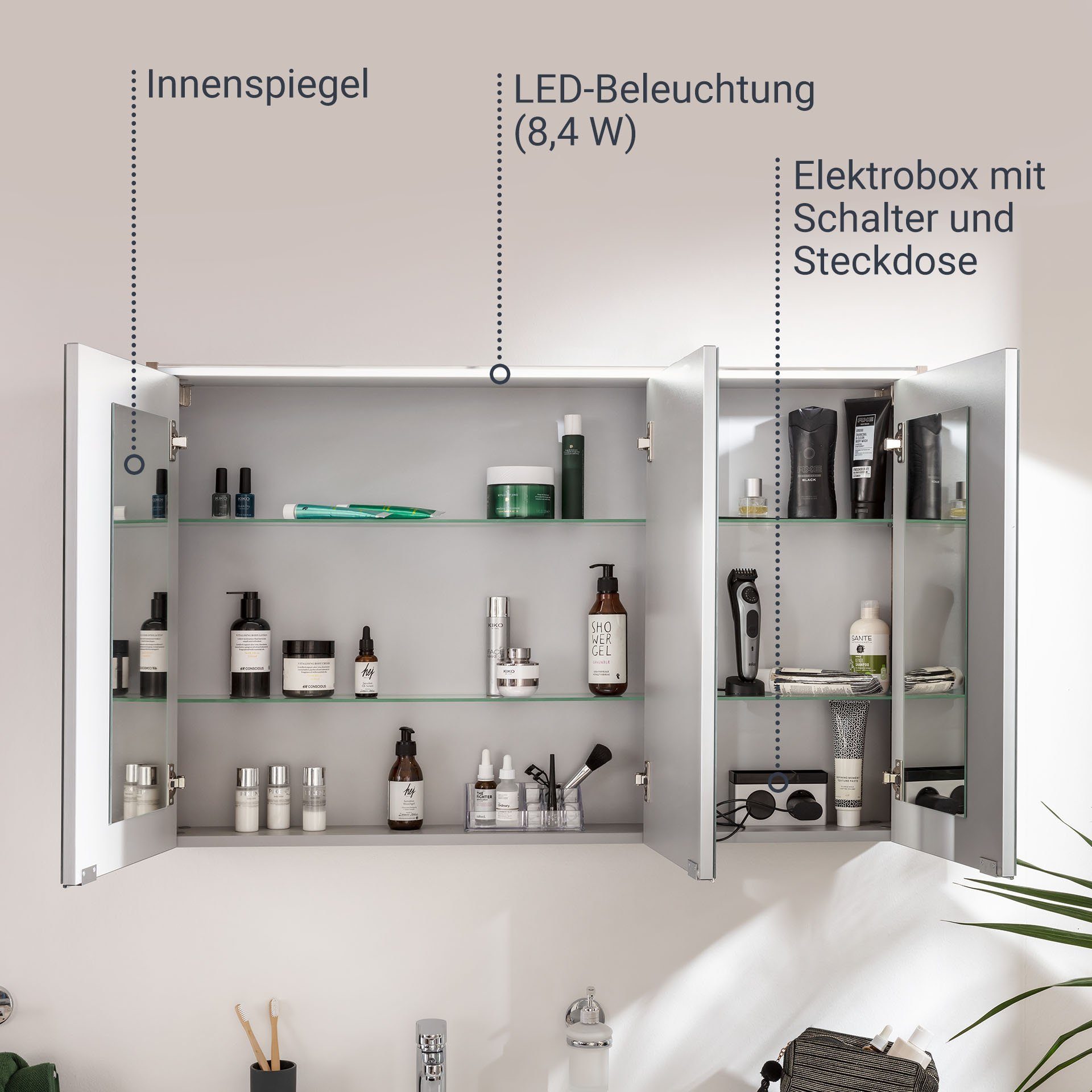 FACKELMANN Badezimmerspiegelschrank Verona LED-Spiegelschrank – vormontiert, hängend