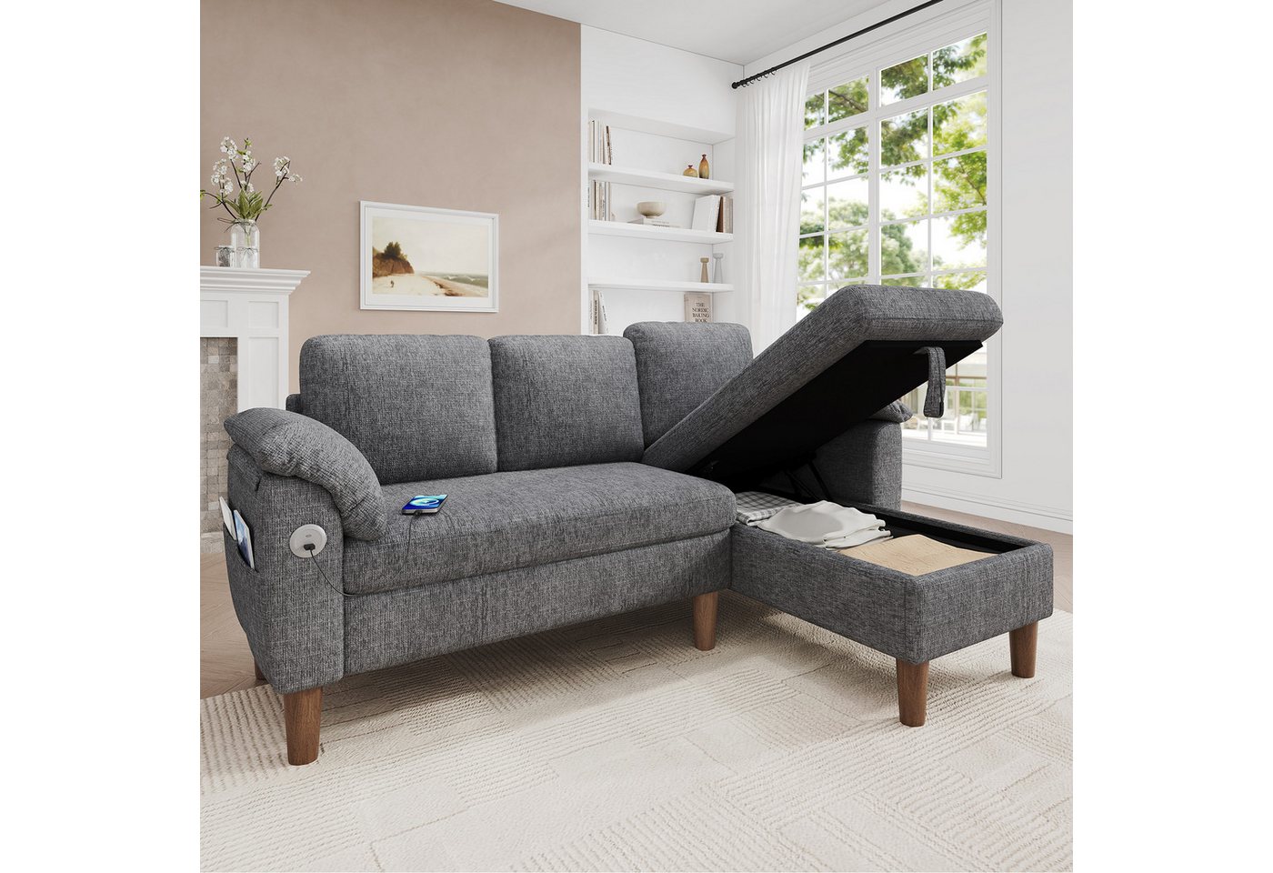 i@home Ecksofa L-förmiges Ecksofa, 3-Sitzer Sofa mit Stauraum-Chaiselongue, links/rechts montierbar, Seitentasche,Ecksofa, Chenille Stoff,Hellgrau