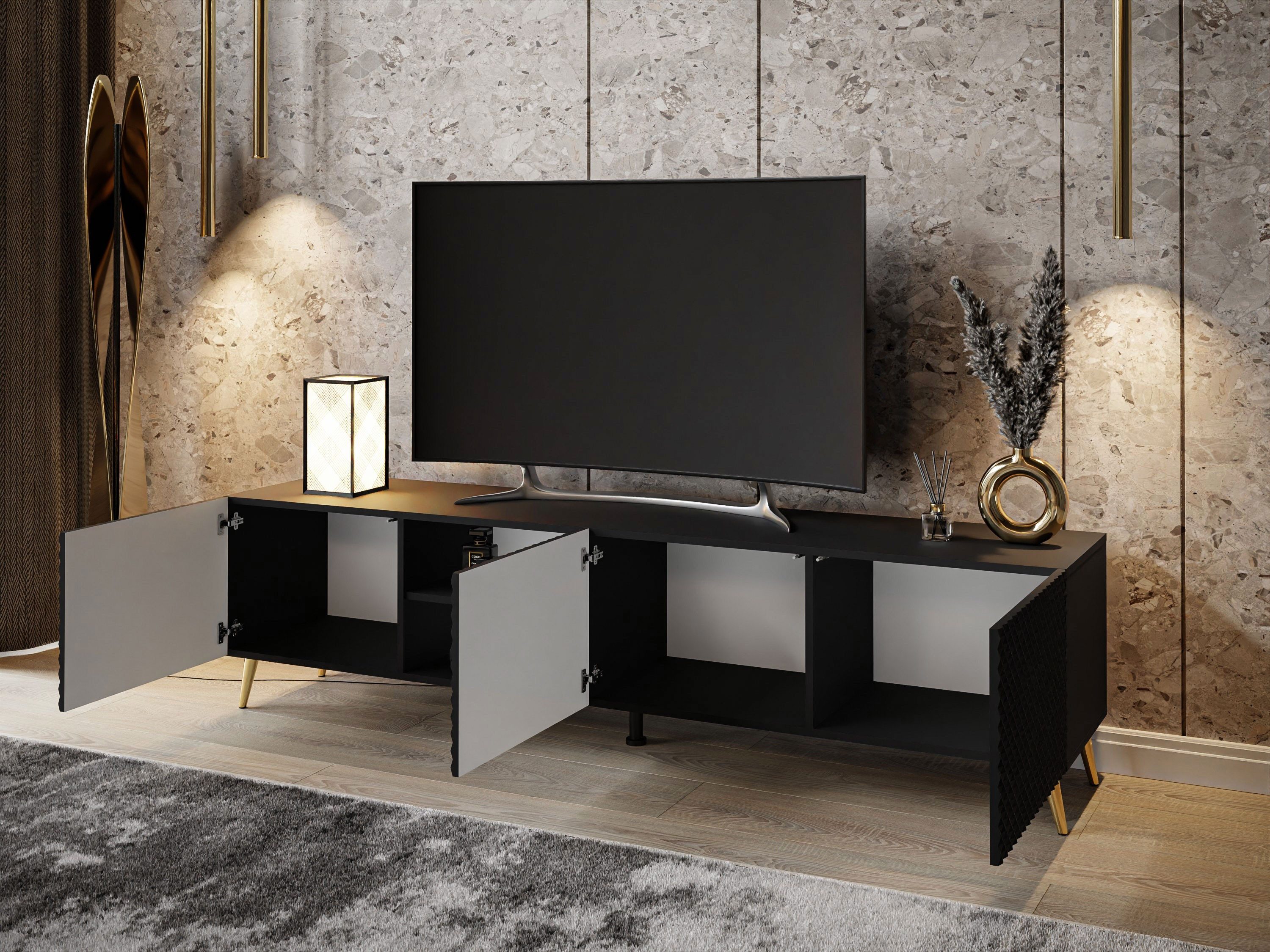 ALLHOUSE24 Lowboard PALERMO Sideboard Hochglanz gefräst, Metallfüße in 3 Farben, Breite 195 cm