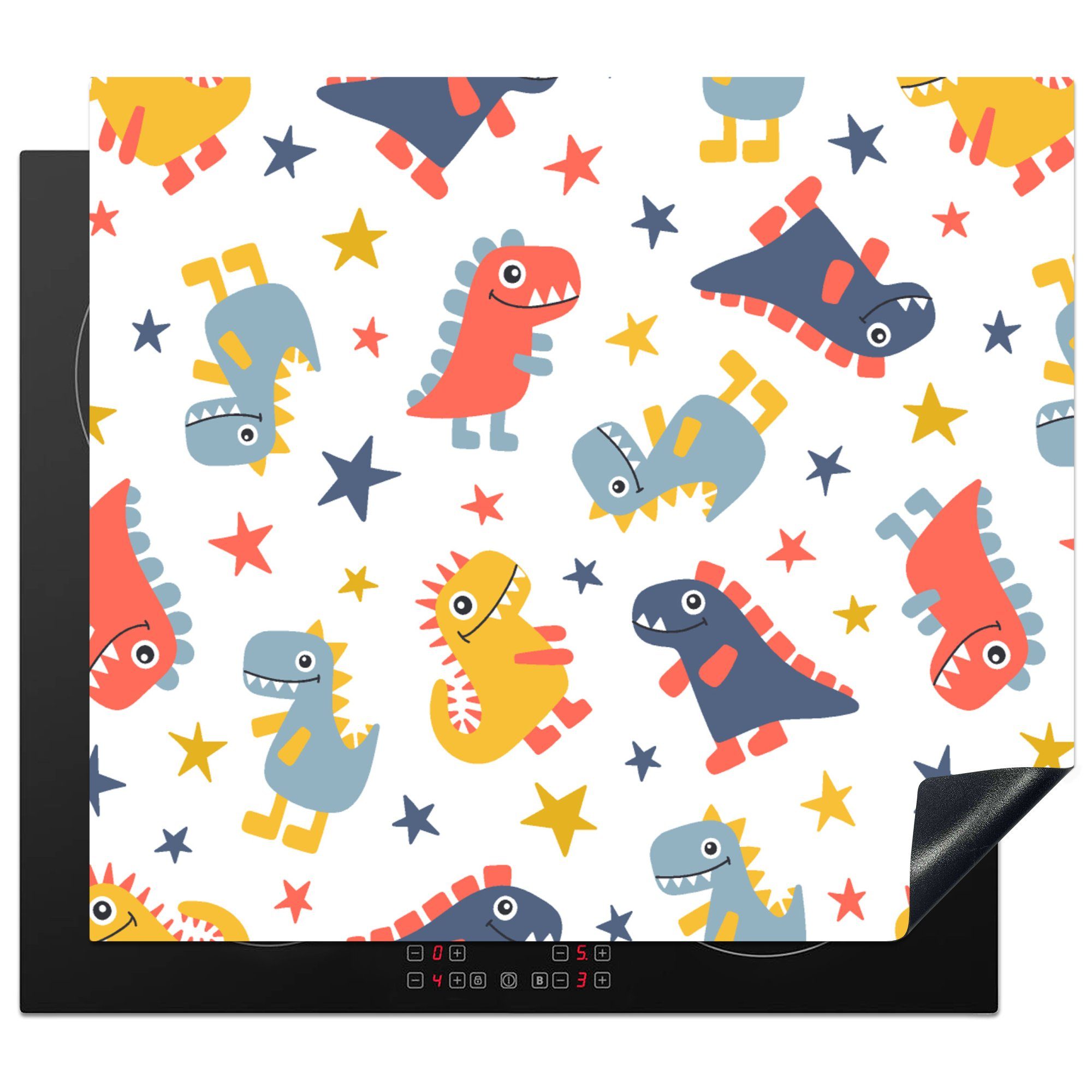 MuchoWow Herdblende-/Abdeckplatte Muster - Dino - Sterne - Jungen - Baby - Kinder - Kinder, Vinyl, (1 tlg), 60x52 cm, Mobile Arbeitsfläche nutzbar, Ceranfeldabdeckung