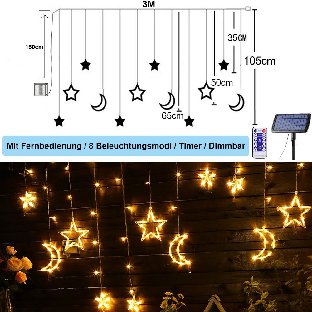 Lichtervorhang Warmes Fernbedienung,Wasserdichte Ramadan Deko, Modi,Timer, 8 mit Mond LED Weiß Sunicol 3M Lichtervorhang, Stern