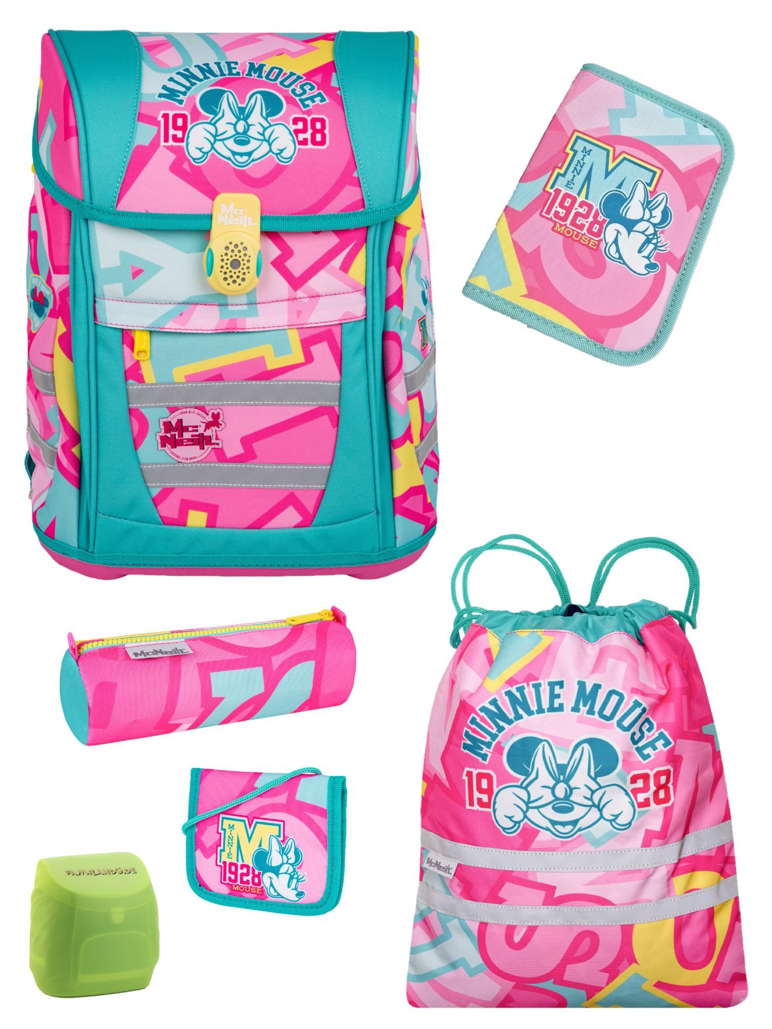 McNeill Schulranzen Schulranzen Disney Minnie Mouse Schultasche für Mädchen 1. Klasse (Set, 6-tlg., inkl. Federmäppchen (gefüllt) & Geldbeutel), mit Brustgurt, 980 Gramm leicht, 18L Volumen
