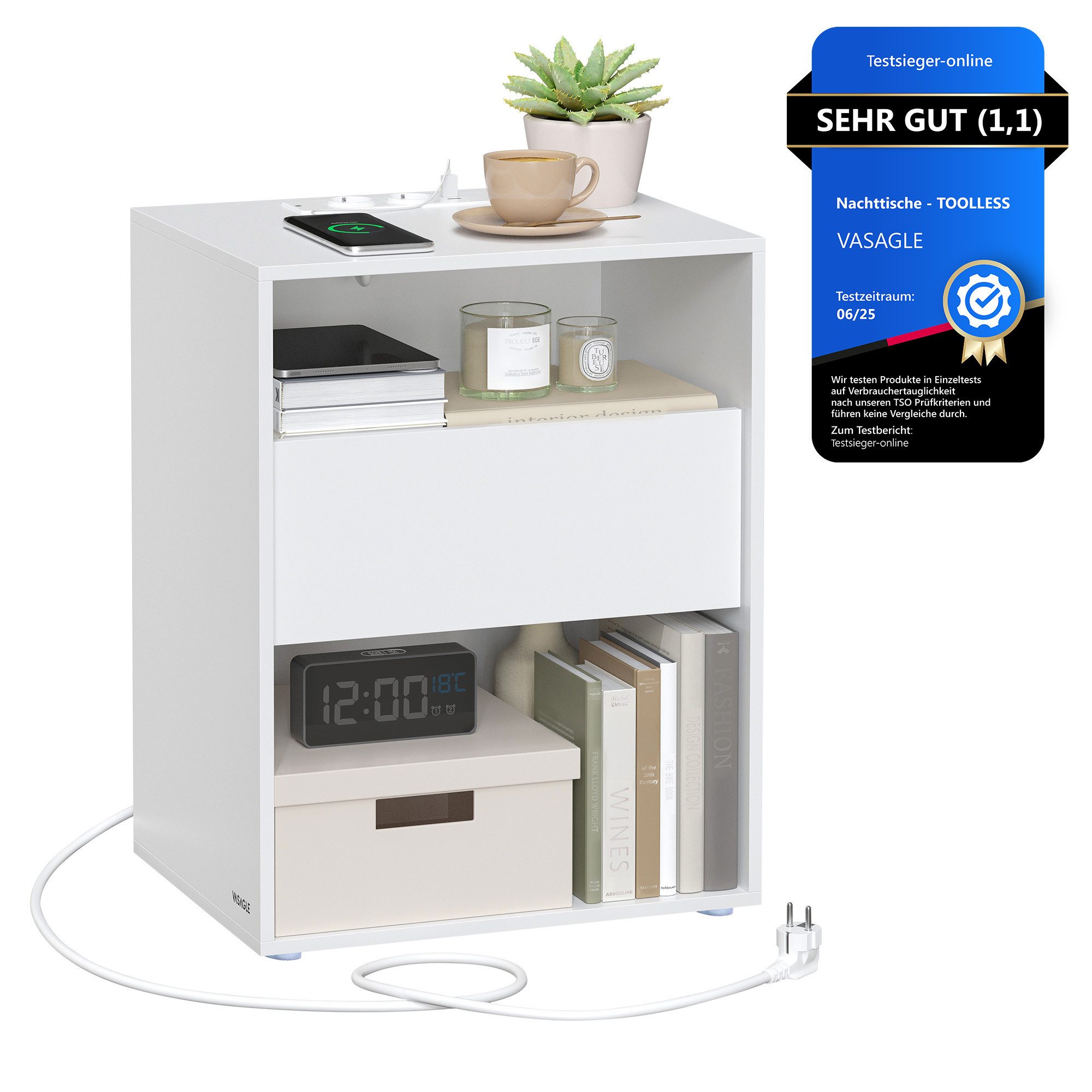 VASAGLE Nachttisch mit Ladefunktion, Toolless-Technologie, Beistelltisch mit Schublade (1-St), Nachttisch werkzeuglos Montage 1 er/2er Set