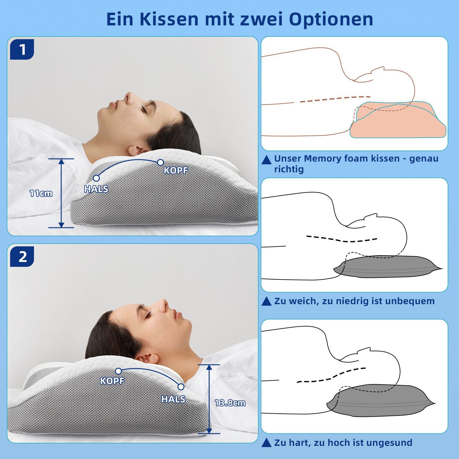 Esun Kopfkissen Memory Foam Kissen, Kopfkissen, Nackenkissen, Seitenschläferkissen, Füllung: Memory foam, Rückenschlafer, Bauchschlafer, Seitenschlafer, Set, Kissen vom OEKO-TEX® und CertiPUR Getestet, Nackenkissen für Erwachsene, Männer, Frauen