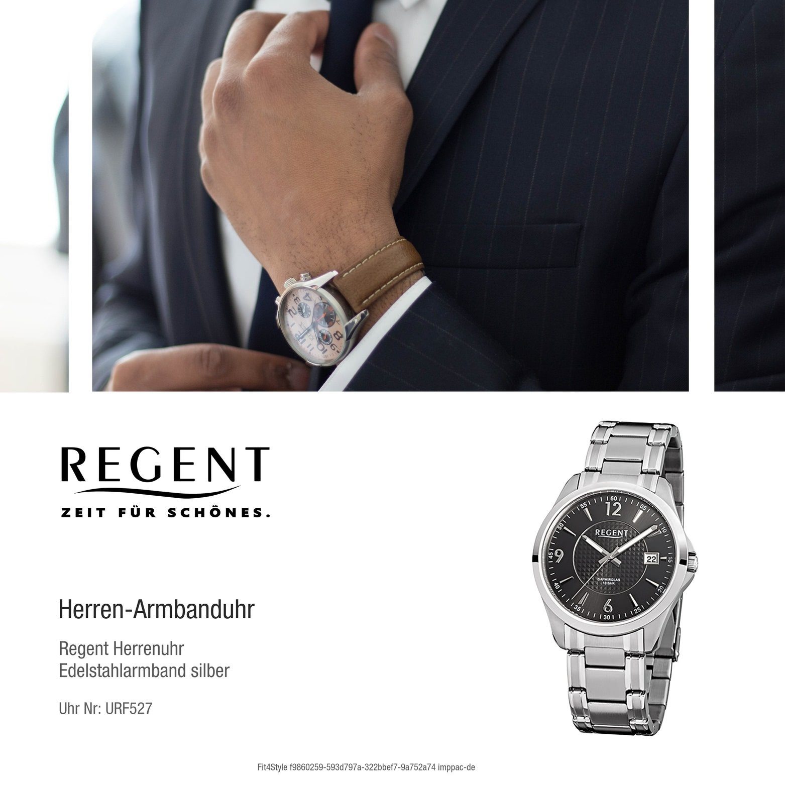 40mm) Herren Regent silber, Edelstahlarmband (ca. Quarzuhr, Stahl groß rundes Uhr Herrenuhr Quarzuhr Regent F-527 Gehäuse,