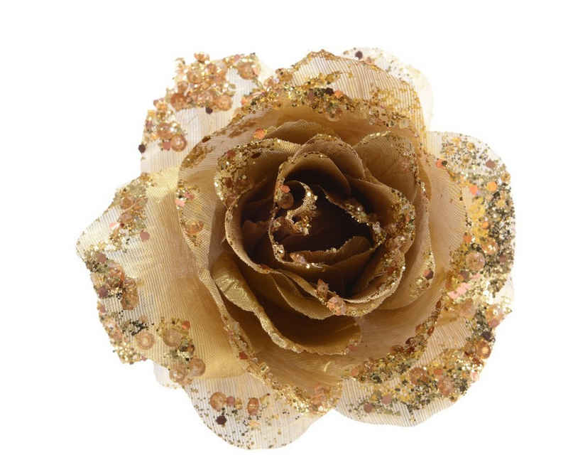 Decoris season decorations Weihnachtsbaumklammer, Kunstblumen Rose auf Clip 14cm gold