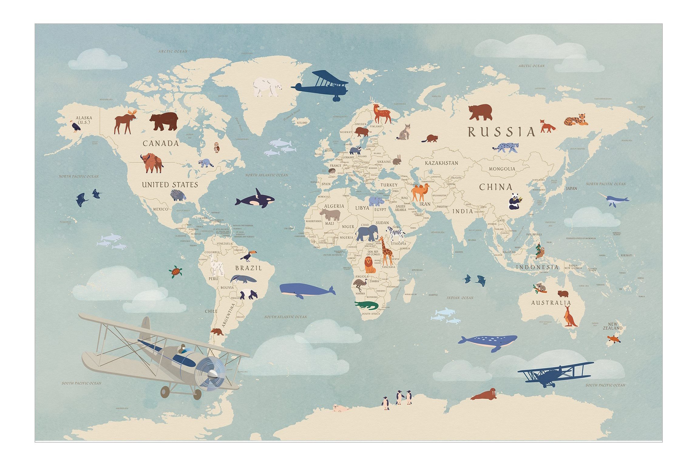 Bilderdepot24 Kindertapete Karte Tiere Welt Kinder Retro Vintage Weltkarten günstig online kaufen