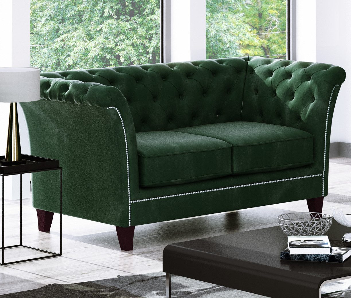 S-Style Möbel Chesterfield-Sofa Rainsburg 2-Sitzer aus Samt-Stoff mit Holzfüßen, mit Wellenfederung