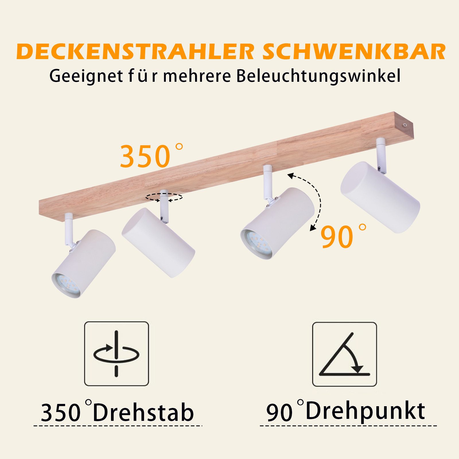 Nettlife Deckenstrahler Deckenstrahler 4/5 Flammig Holz Vintage GU10, Schwenkbar 350°, LED wechselbar, Deckenleuchte für Wohnzimmer Schlafzimmer Esstisch Küche Kindzimmer