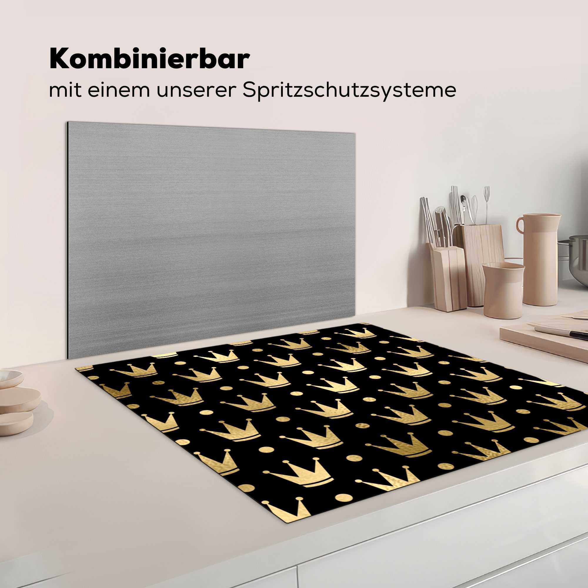 MuchoWow Herdblende-/Abdeckplatte Muster - Arbeitsplatte Krone für küche Gold, cm, - 78x78 Vinyl, (1 Ceranfeldabdeckung, tlg)