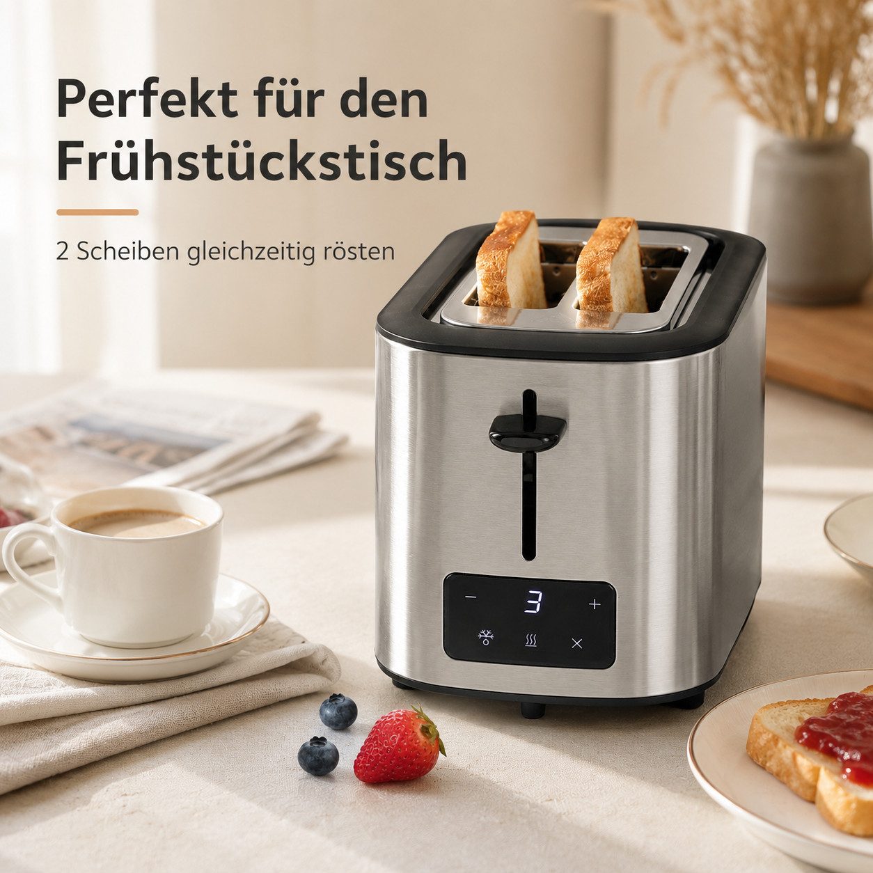 Tekoo Brotbackautomat Digitaler Toaster Edelstahl, 2-Schlitz mit 6 Bräunungsstufen, LED, 3 Programme, 870 W, kompaktes Design; 3-in-1 Funktionalität; präzise Bräunungskontrolle