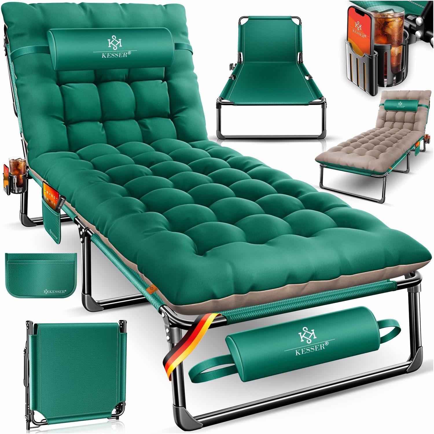 KESSER Campingliege Campingbett Campingliege Angelliege Karpfenliege klappbar (mit Tragetasche, Getränkehalter & Nackenkissen bis 250 kg belastbar) 190 x 68 x 30 cm strapazierfähiges Oxford-Gewebe stabiles Stahlgerüst