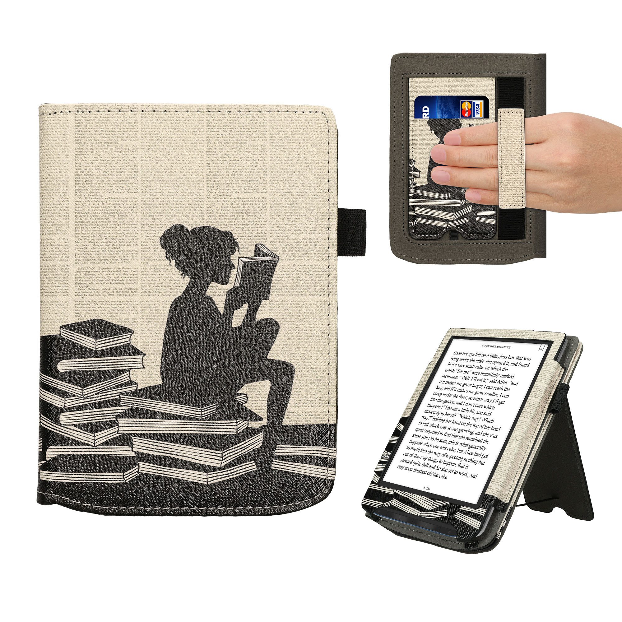kwmobile E-Reader-Hülle Flip Schutzhülle für Pocketbook Verse / Verse Lite / Verse Pro / Color, Handschlaufe - Cover Lesende Frau Design