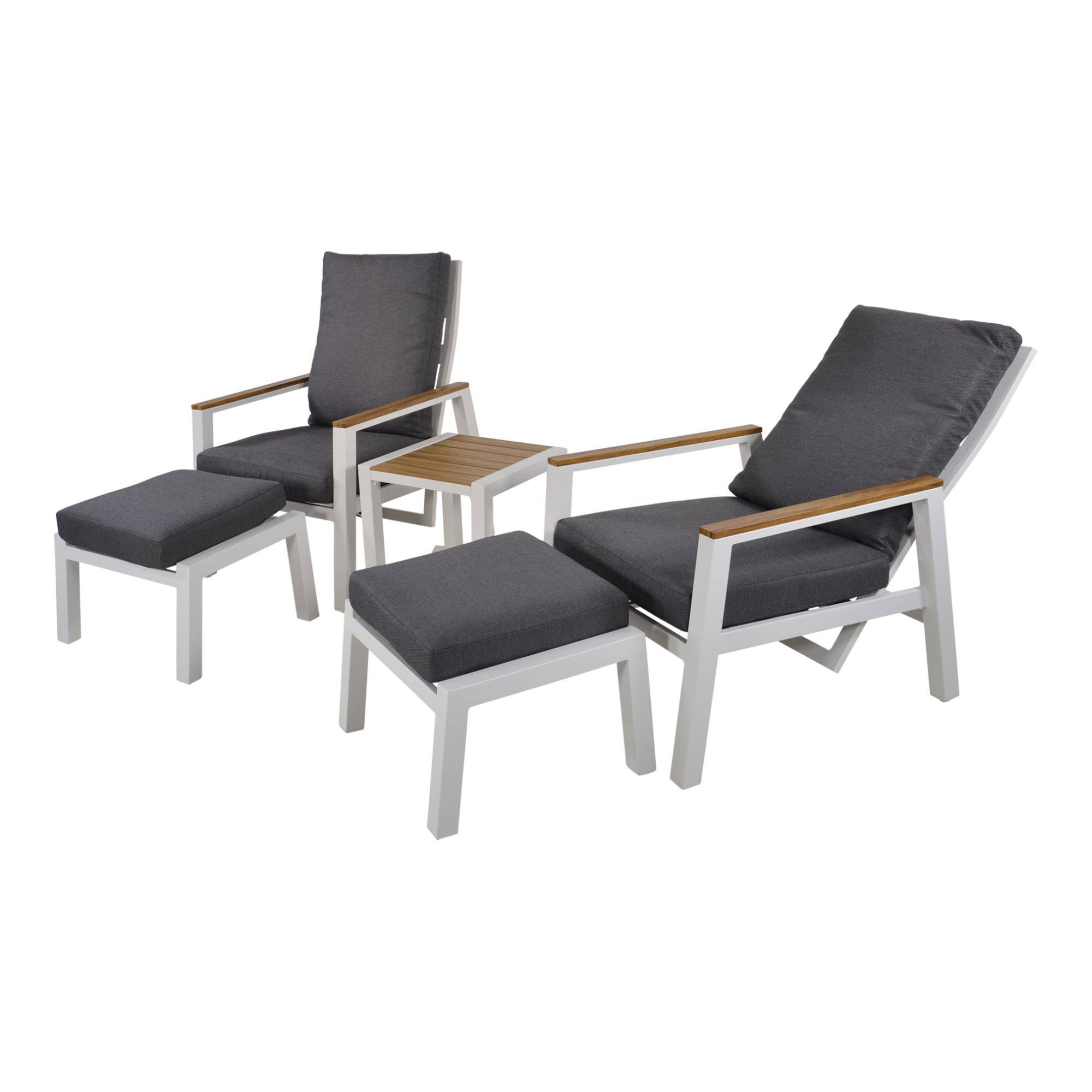 GMD Living Sitzgruppe CODA, (Gartenliegen-Set, aus Aluminium Fußbänken wasserabweisend, Tischplatte Sitzpolster), Stühlen, bestehend im 2 & 5-tlg., weiß Tisch inkl. Teaklook 2
