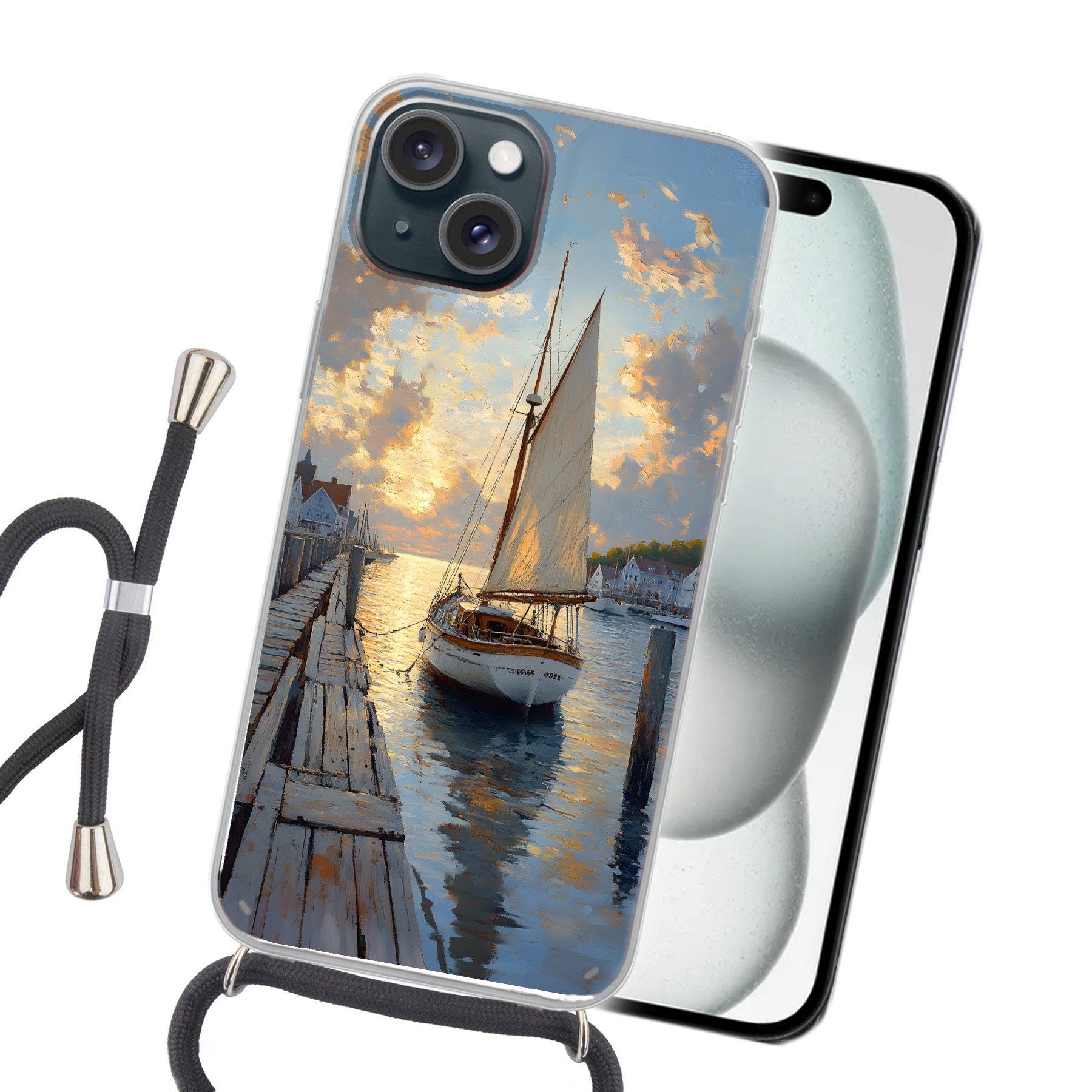 MuchoWow Handyhülle für Apple iPhone 15 Segelboot - Sonne - Pier - Holz, Tragbare Handyhüllen mit Kette zum umhängen, Handykette Handyband