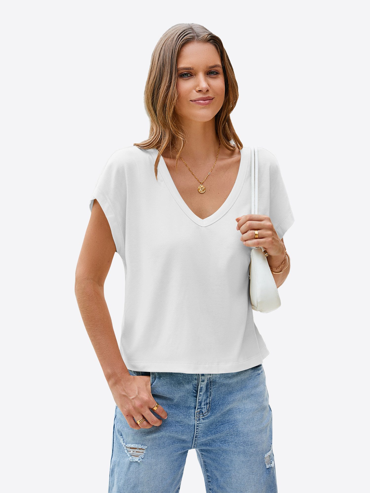 Imily Bela T-Shirt Damen Cropped Tiefer V-Ausschnitt Kurzarm Sommer Casual günstig online kaufen