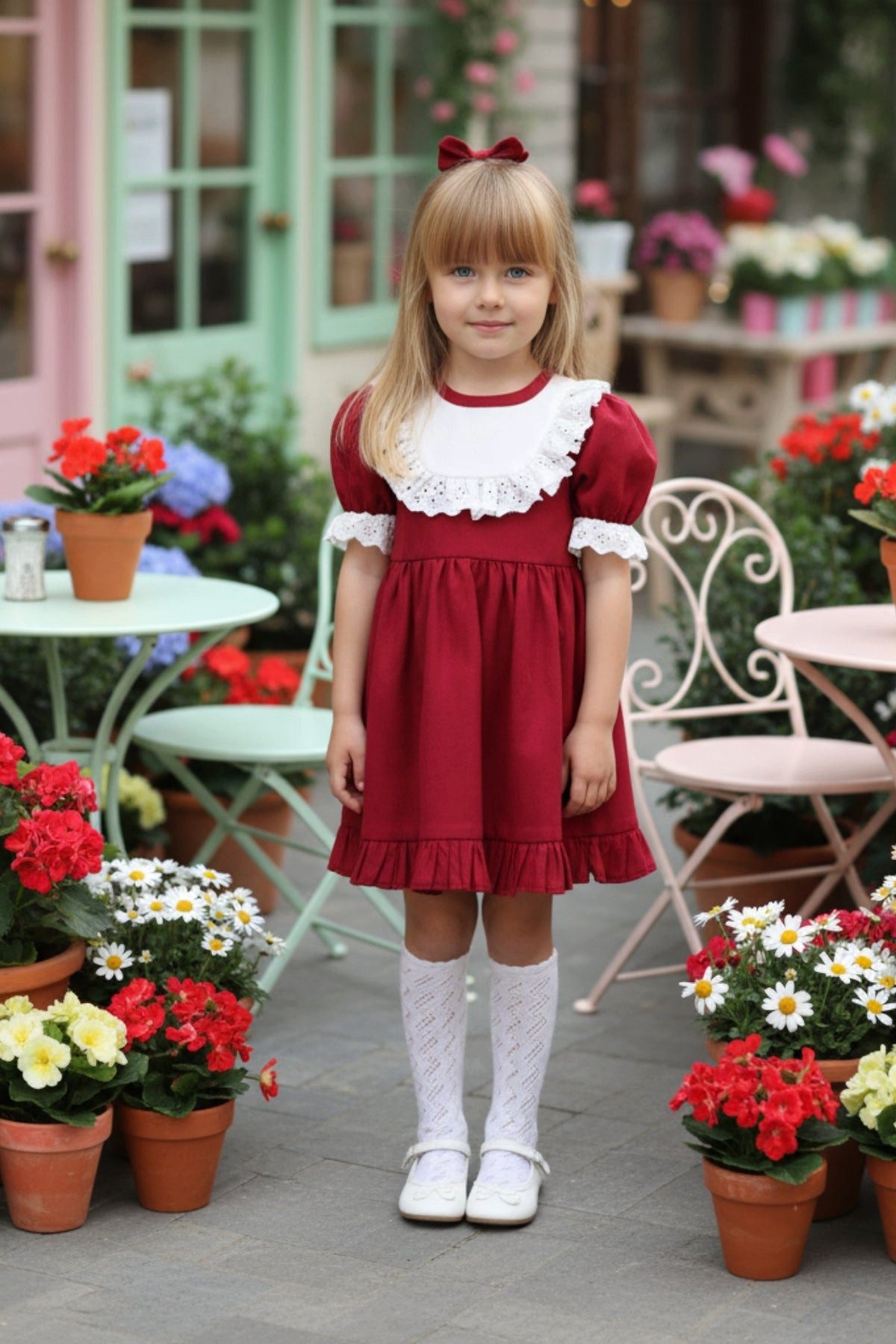 Parla Kids Sommerkleid Bordeaux Kleid kurzärmelig mit Rüschensaum Spitzendetails - Haarspange Spitzendetails - Haarband - Rüschensaum