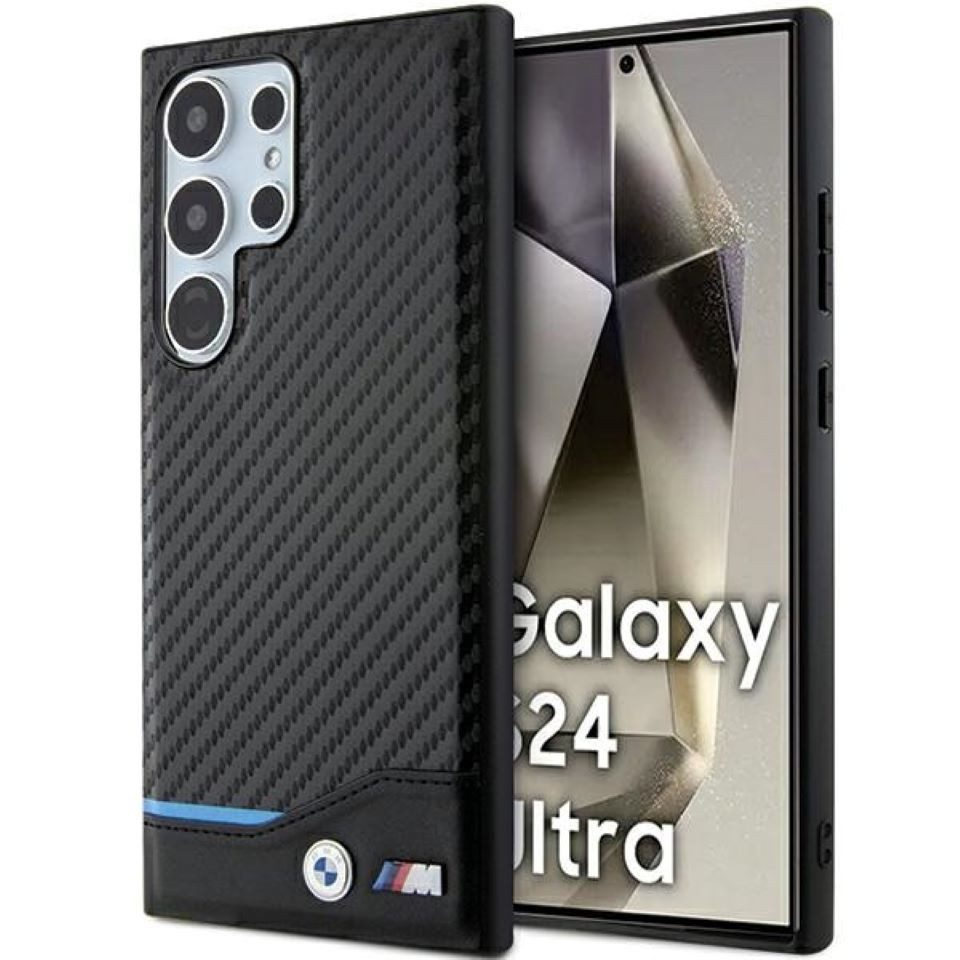 BMW Handyhülle Case Galaxy S24 Ultra Carbon-Look schwarz Logo Metall 6,8 Zoll, Kantenschutz