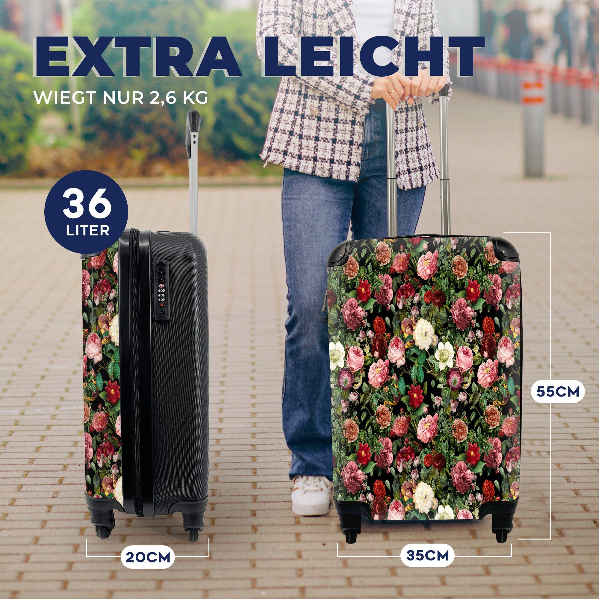 - Trolley, mit für Handgepäckkoffer MuchoWow Handgepäck - Blumen 4 Ferien, Reisetasche Vintage rollen, Rollen, Reisekoffer Rosen,