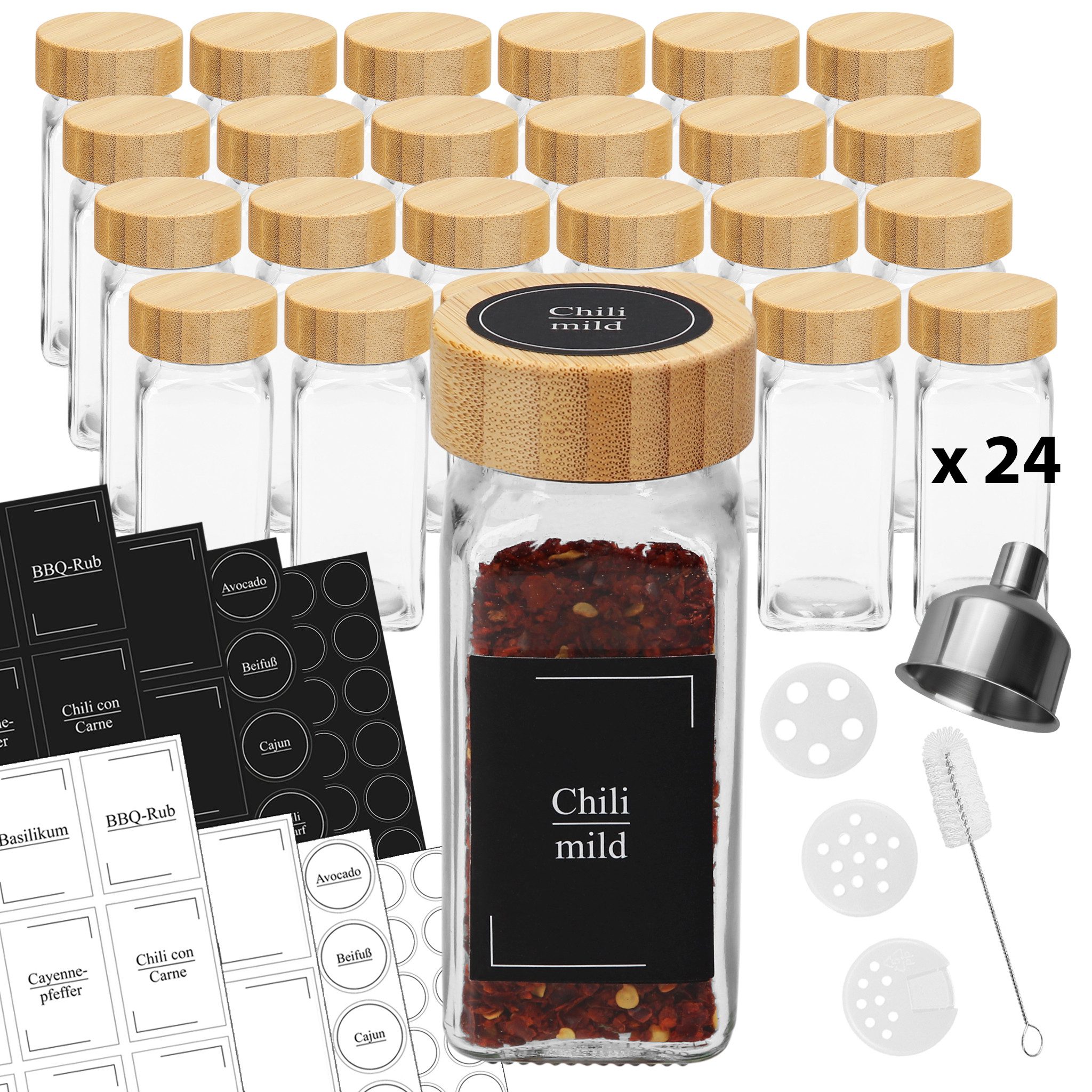 VonBueren Gewürzstreuer VonBueren Gewürzgläser eckig leer Bambusdeckel mit Streueinsatz, (24-tlg)
