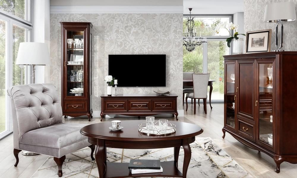 Wohnwand Luxuriöse Holz-Wohnwand mit Vitrine und TV-Lowboard