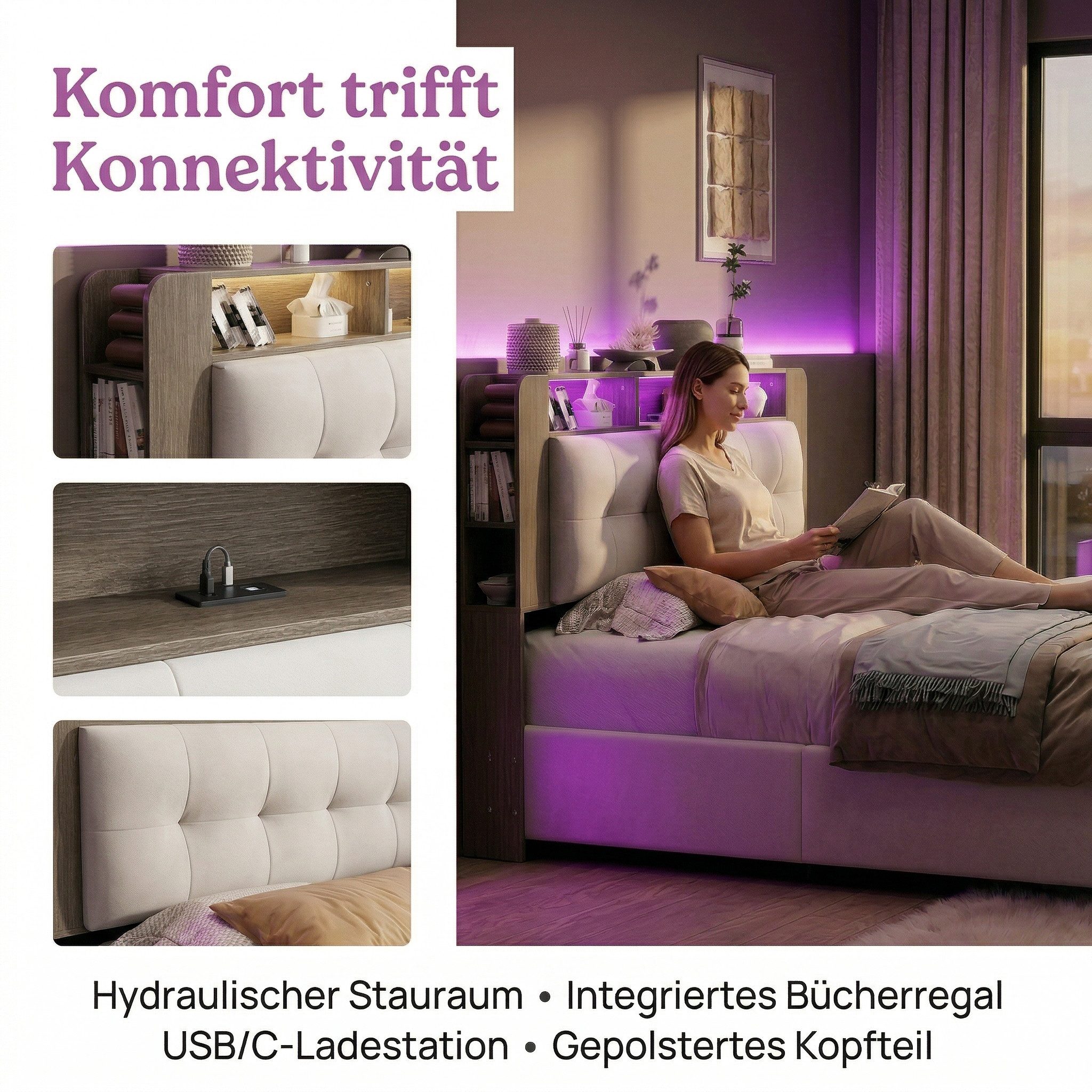 PXloue Polsterbett LED Doppelbett (Kopfteil mit integrierter kabelloser Ladefunktion), Bettkasten, Ladefunktion, Samt, 140x200 cm – Bild 2 von 5