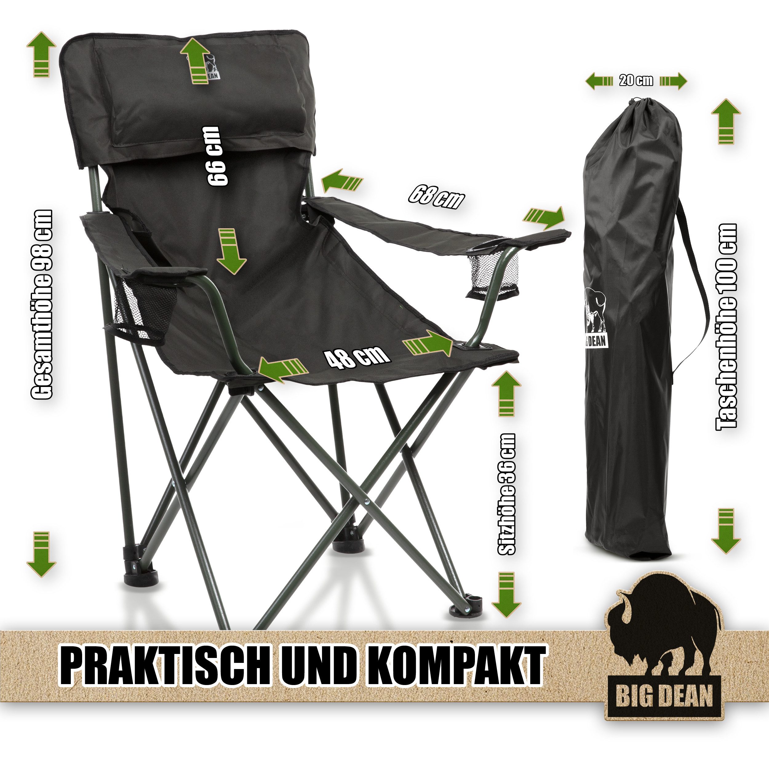 BigDean Campingstuhl Luxus Campingstuhl Faltbar Extra groß 150 KG Belastbar, bequem (Packung, 1 St), Luxus Faltstuhl, Wasserabweisend, Uv-Beständig – Bild 4 von 5