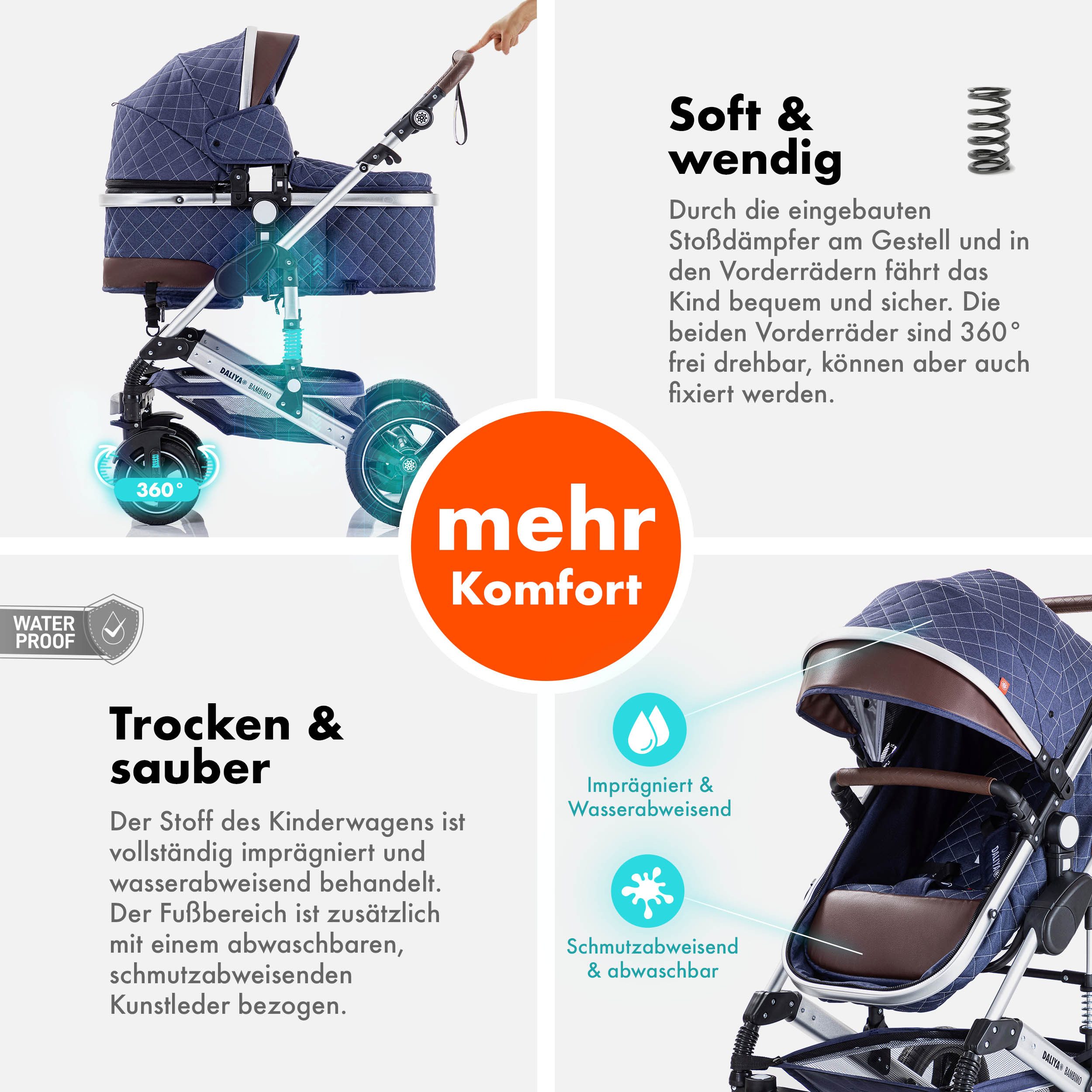 Daliya® Kombi-Kinderwagen BAMBIMO 3in1 Kinderwagen & Buggy mit Auto-Babyschale und Adapter, (XXL-Set inkl. Wickeltasche und Spieltisch, 15-tlg), Babyschale, Airless-Räder, Federung, weiche Matratze, Belüftungssystem