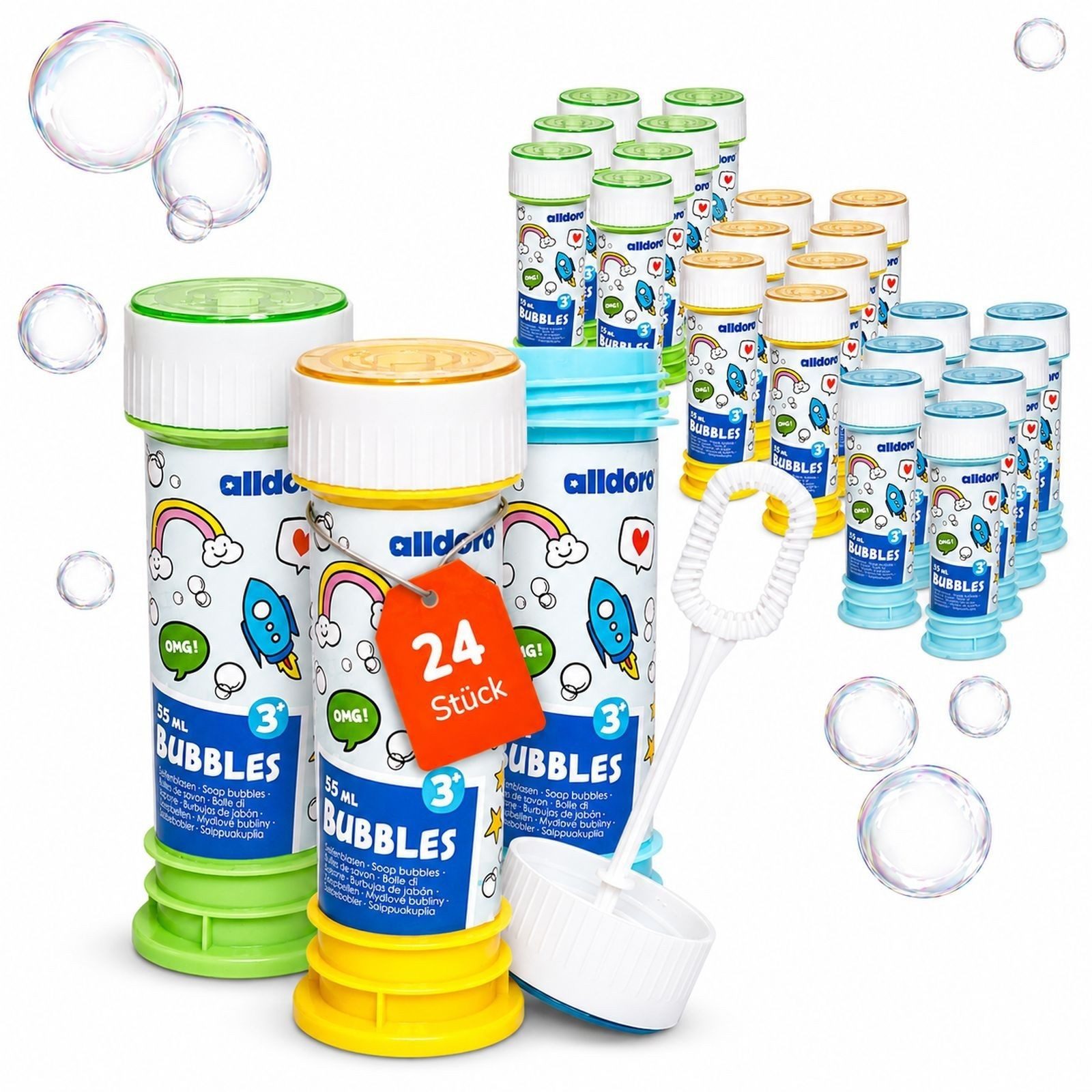 alldoro Seifenblasenstab 24er Seifenblasen-Set, Seifenblasenstäbe mit Murmelspiel im Deckel, Bubbles für Party, Kindergeburtstag, Hochzeit & Mitgebsel ab 3 Jahren