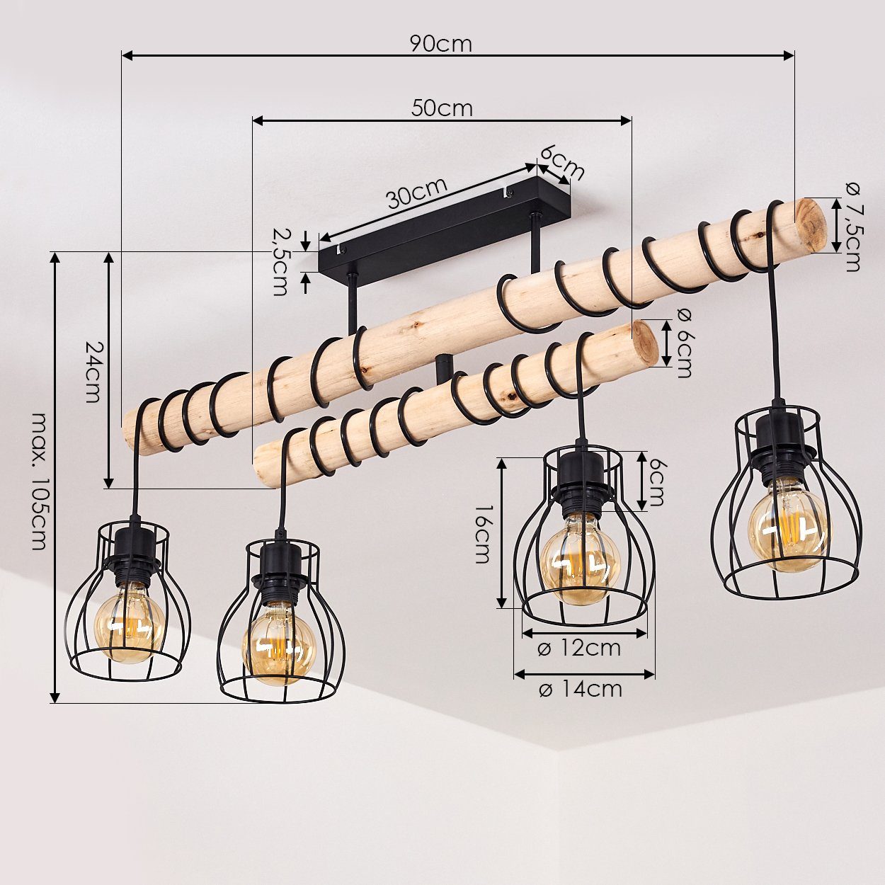 Holz Leuchtenköpfe hofstein einstellbar, »Aprica« schwarz, 105cm Retro max. Höhe Zimmerlampe, (verstellbar) Deckenleuchte ohne verstellbare Leuchtmittel, Metall E27, naturfarben,