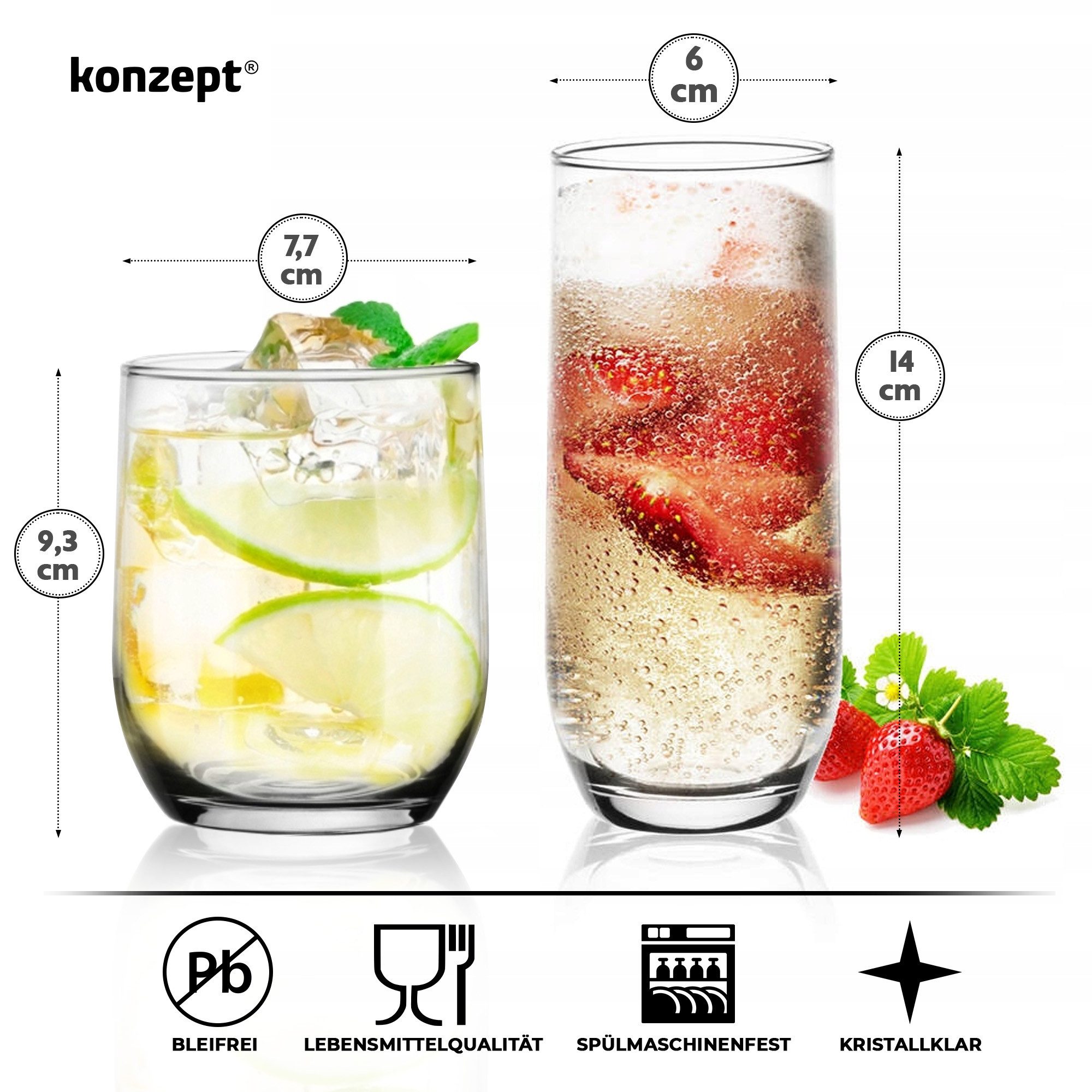 KONZEPT Gläser-Set 12 Teilig, 6er Longdrinkgläser 400ml und 6 er Trinkgläser 300ml, 12-tlg., Wassergläser Set, Ideal für Saft, Cocktails, Longdrinks, Eiskaffee