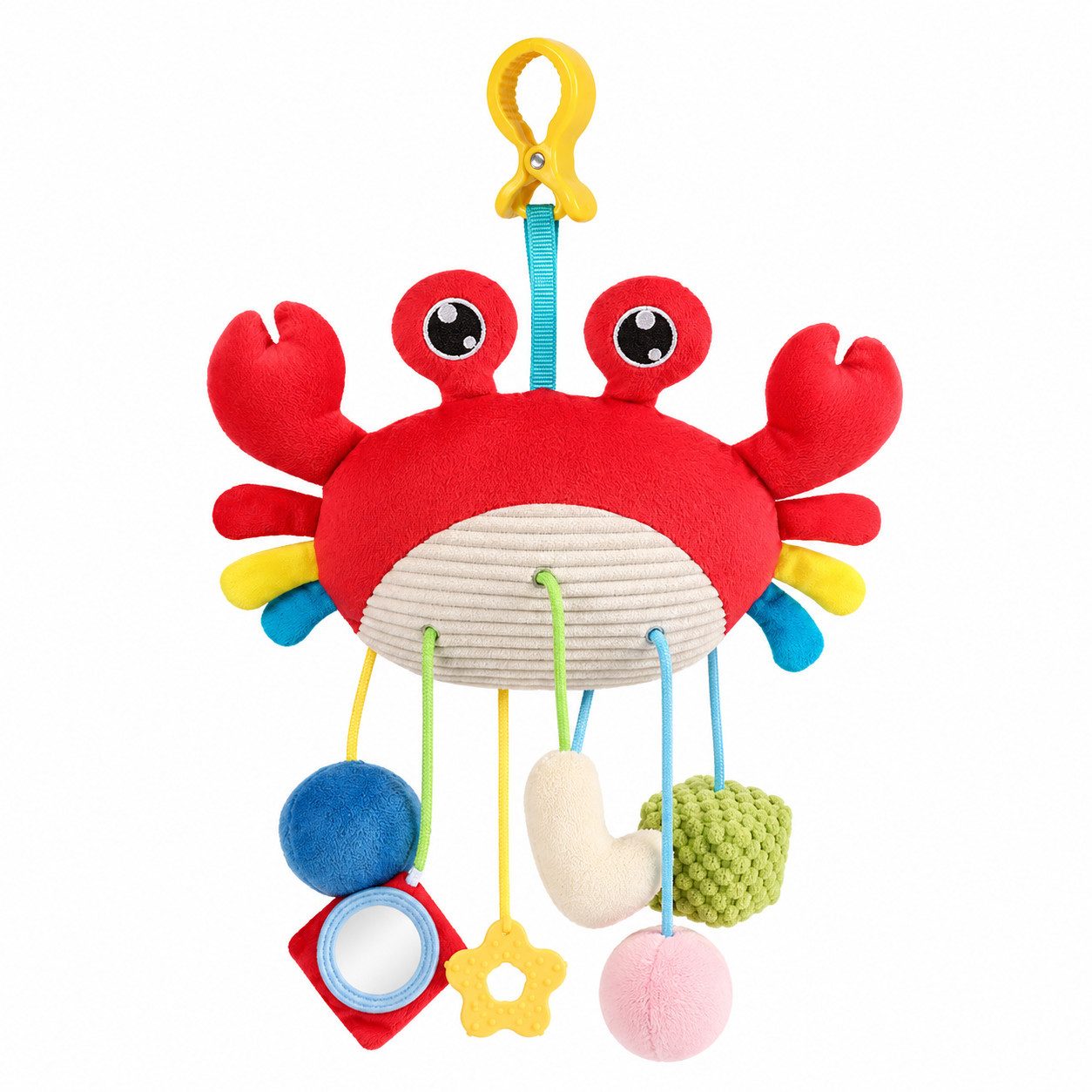 Luckice Kinderwagenanhänger Krabben-Babyspielzeug zum Aufhängen (Kinderwagen-Anhänger mit Clip, Rassel, Spiegel, Beißring und Knisterelementen, ca. 45 cm, Rot)