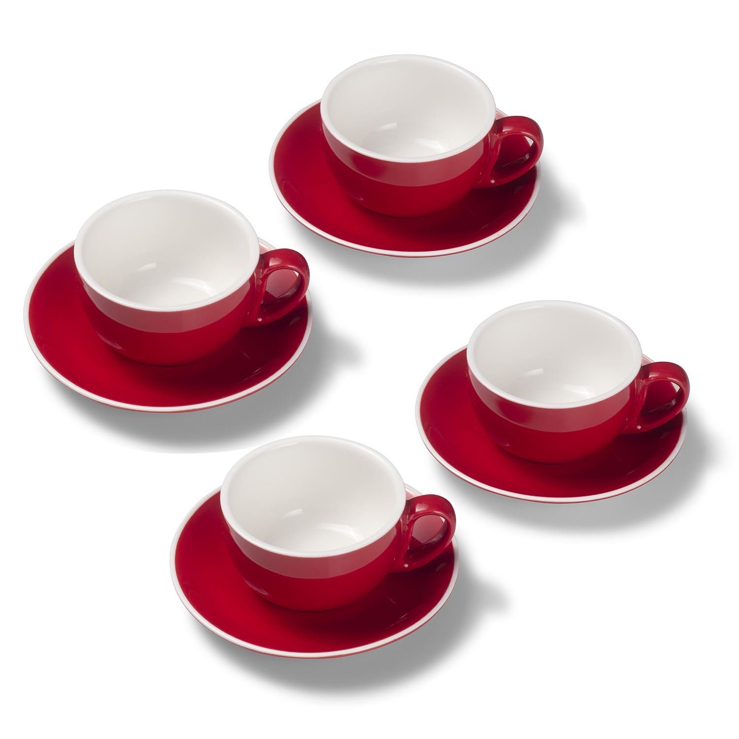 Terra Home Tasse 4er Milchkaffeetassen-Set, Rot glossy 350 ml mit Untertasse, Porzellan, spülmaschinenfest,extra dickwandig