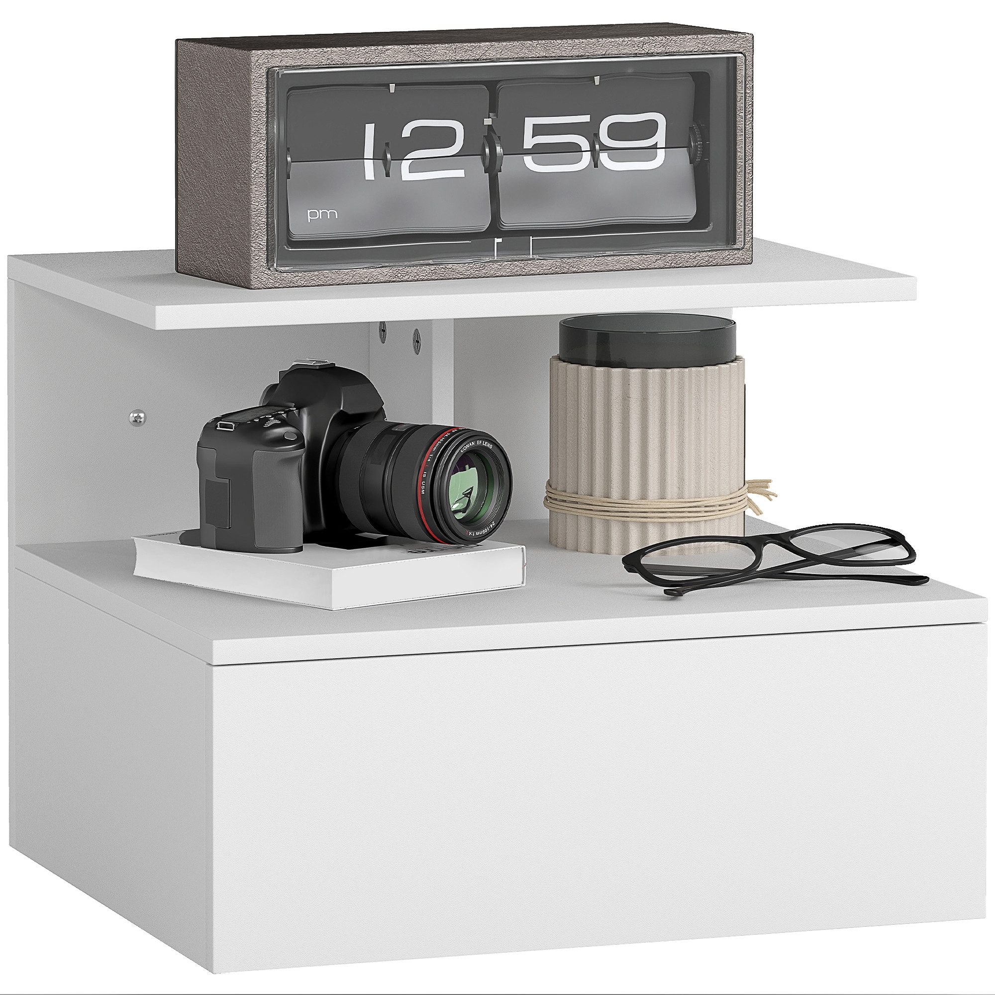HOMCOM Nachttisch mit Schublade, offenes Fach (Nachtschrank, 1-St., hängend Beistelltisch), für Schlafzimmer, Wohnzimmer, Weiß, 39,8 x 35 x 31,6 cm