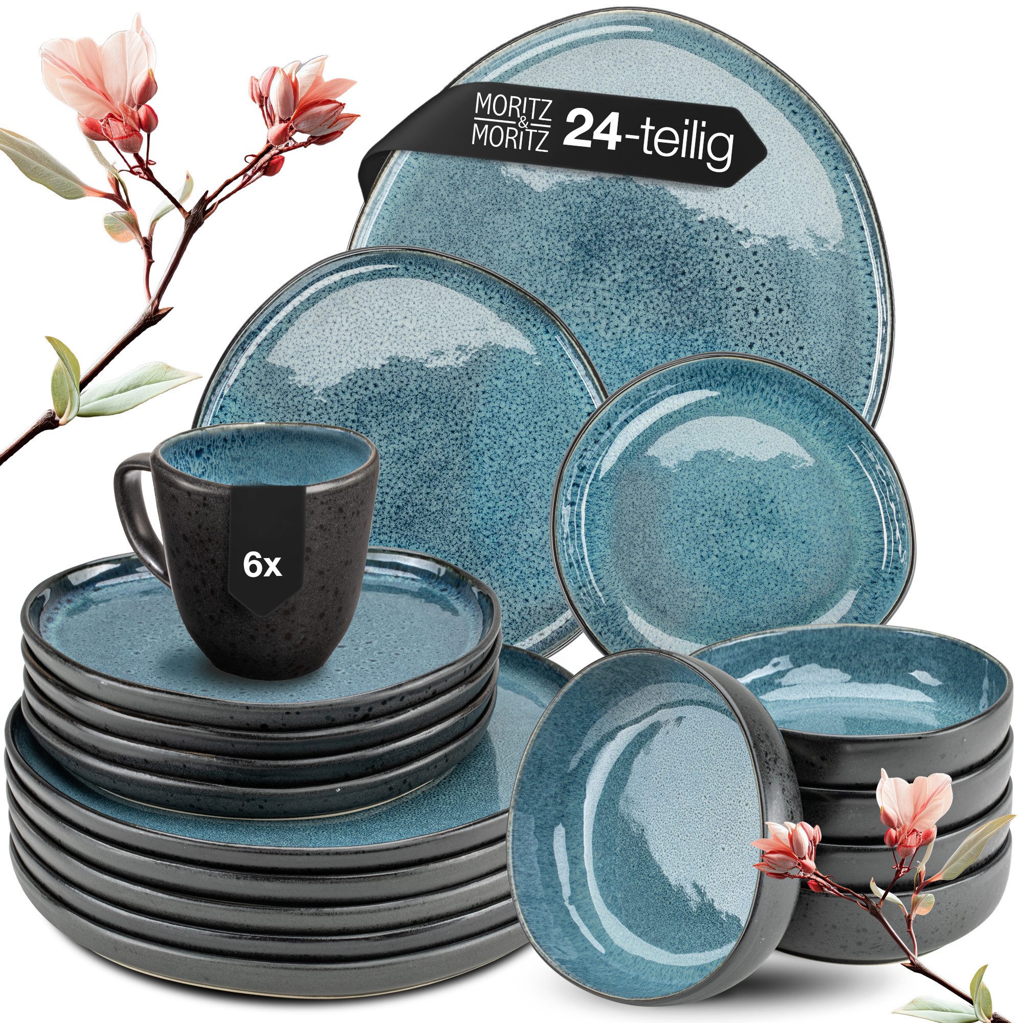 Moritz & Moritz Kombiservice ORGANIC Geschirrset mit Tassen 24tlg Blau (24-tlg), 6 Personen, Steinzeug, Kombigeschirr für 6 Personen