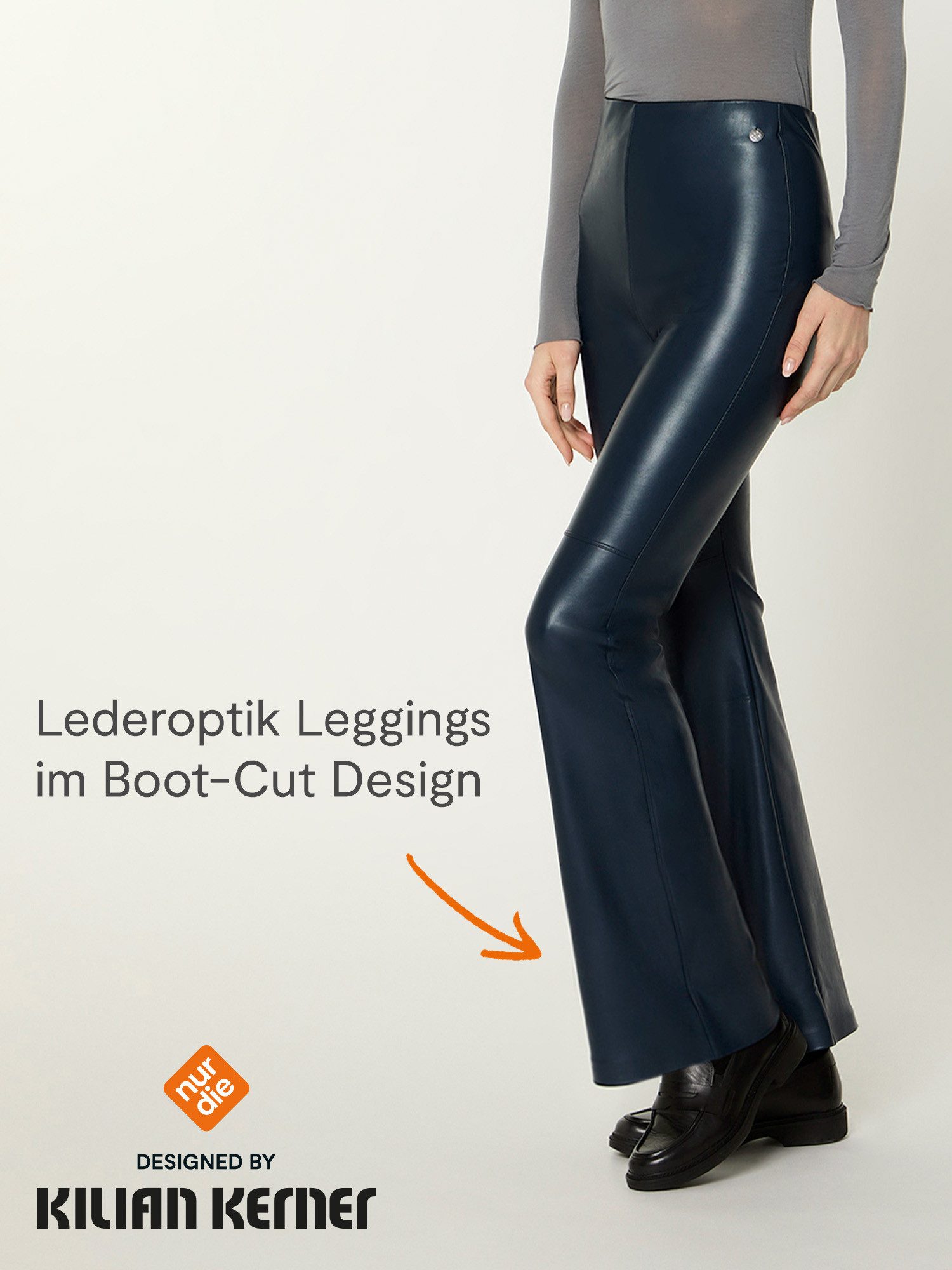 Nur Die Leggings NUR DIE x KILIAN KERNER Damen Vegane Flared Leggings in Leder-Optik eleganter Bootcut-Look - softe Innenseite - breiter Komfortbund