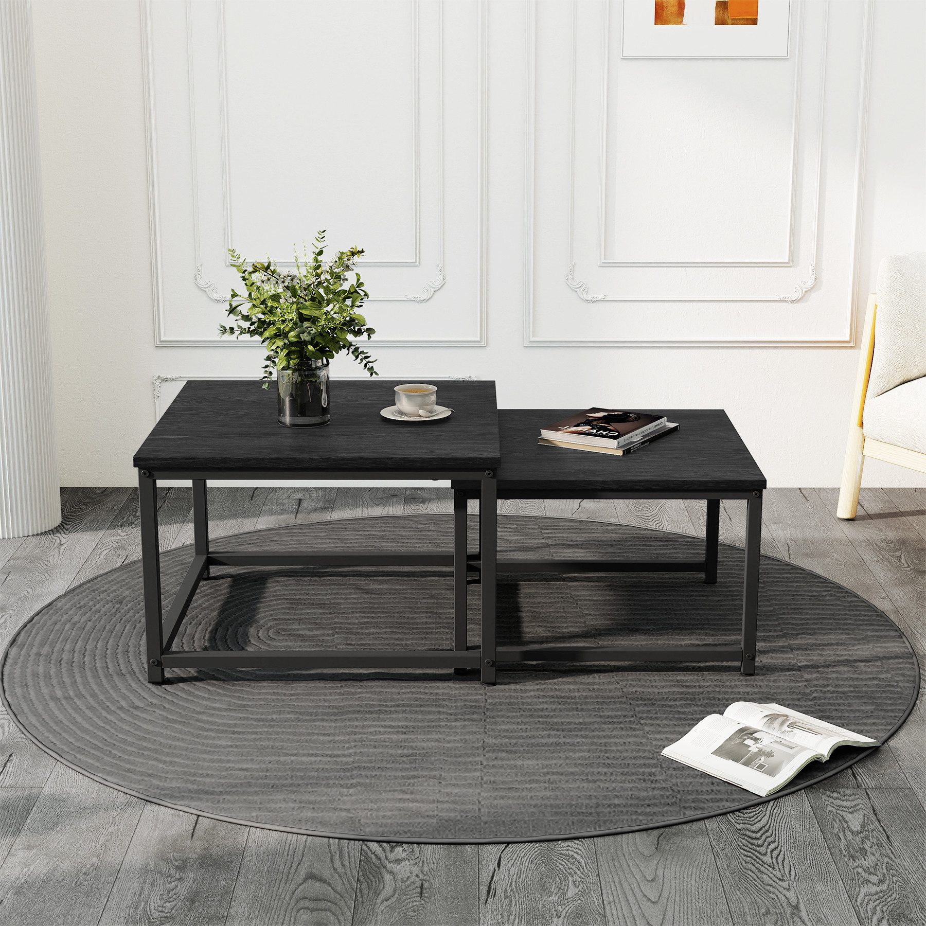 HawthyHome Couchtisch 2er-Set quadratischer Wohnzimmertisch aus Holz mit Metallgestell (2-St), moderner Beistelltisch für Wohnzimmer und Schlafzimmer, platzsparend
