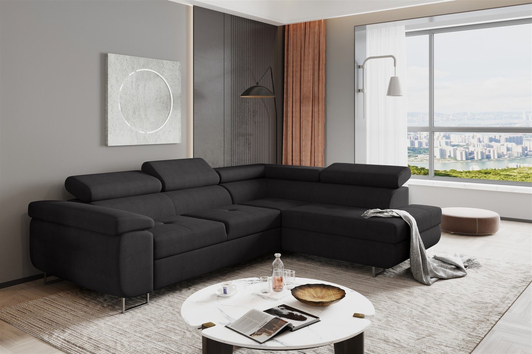 Fun Möbel Ecksofa Couchgarnitur JADE Stoff Schwarz Schlaffunktion Ottomane Rechts Links, 1 Teile, mit Schlaffunktion